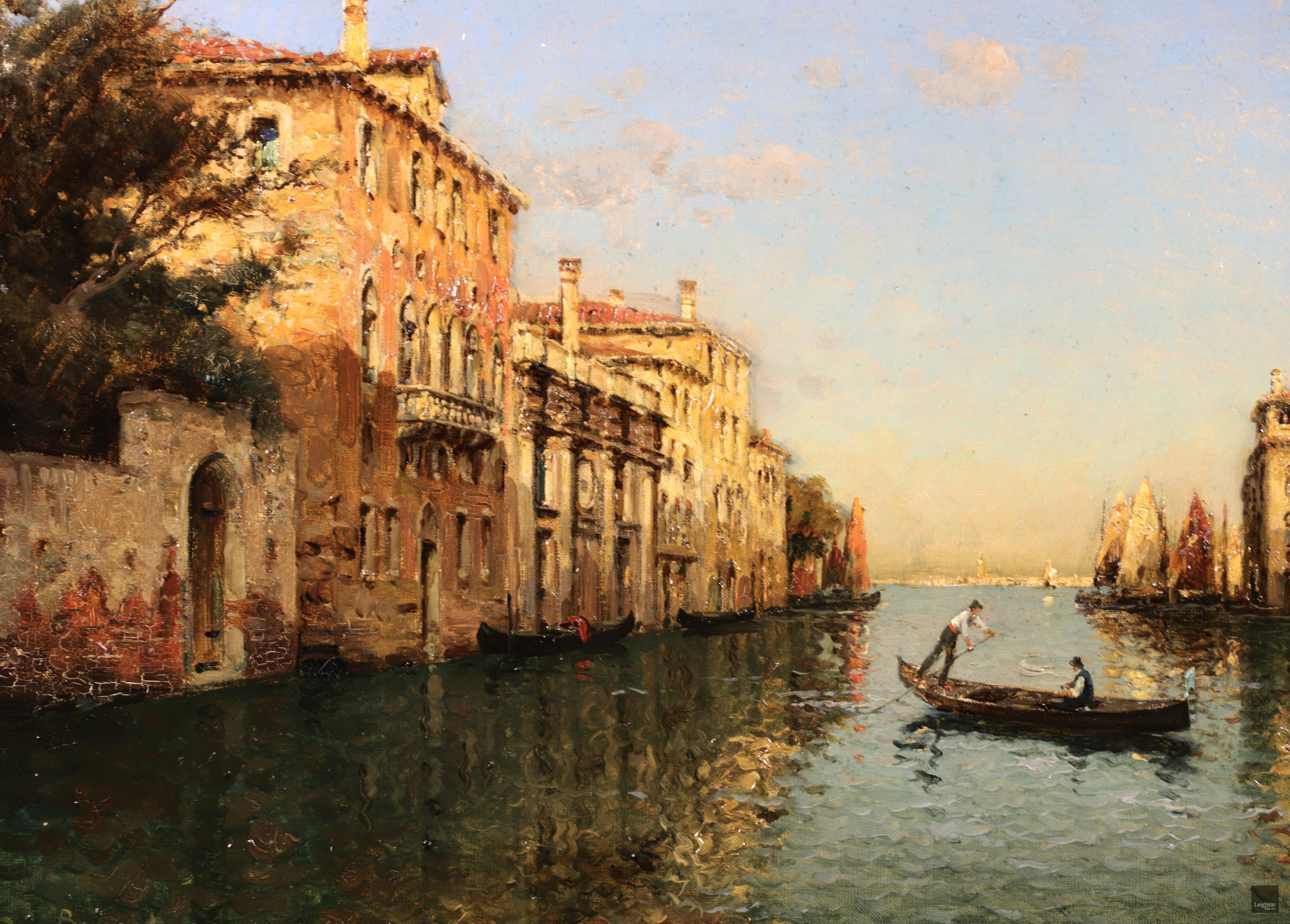 Signed impressionist figures in landscape oil circa 1910 by French painter Antoine Bouvard Snr. The work depicts a gondola with two figures inside on the river on the canal at the port of Venice. The sun is setting and illuminating the buildings on