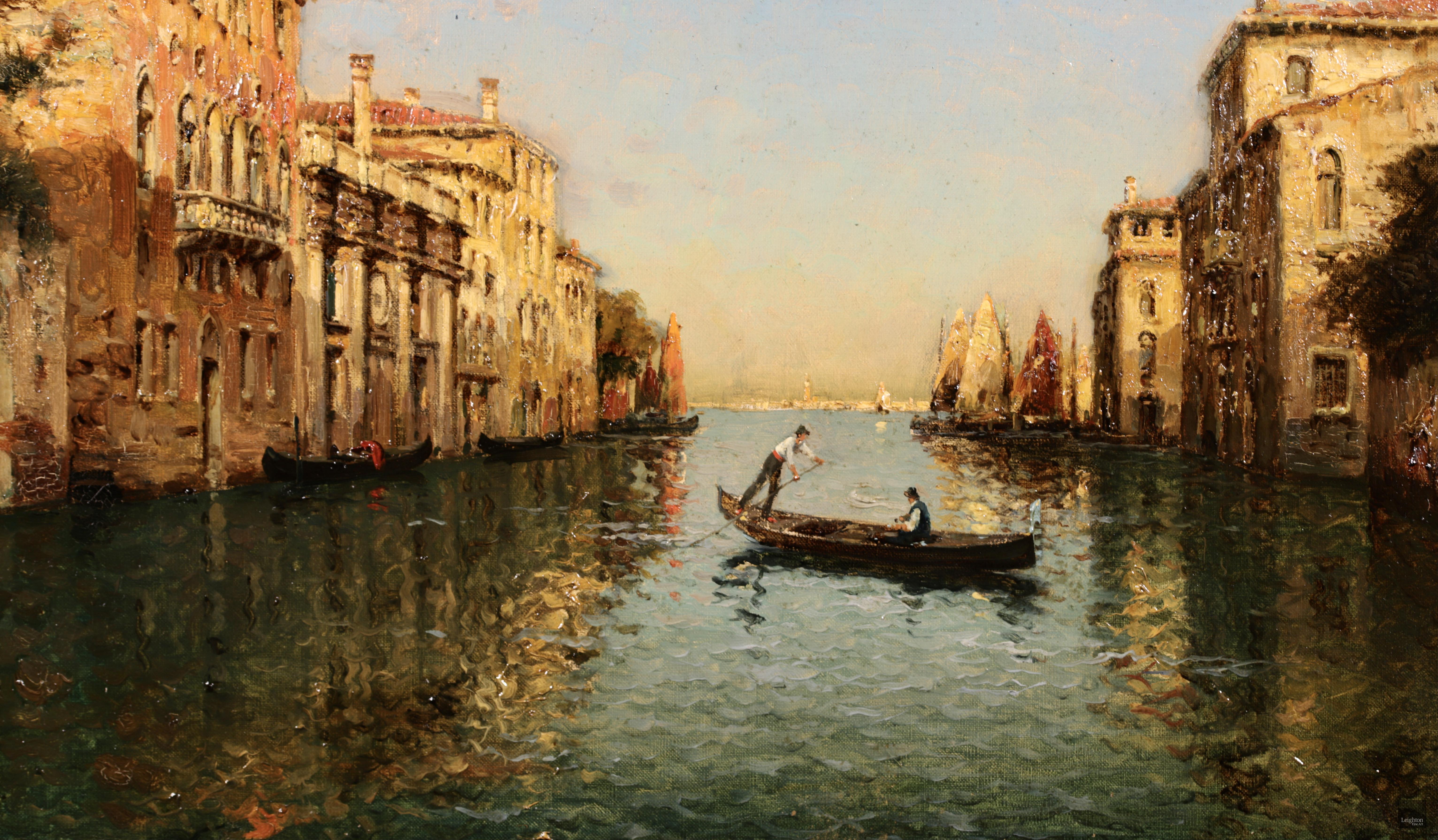 Gondoliers on a canal - Venice - Impressionist Oil, Landscape by Antoine Bouvard 1
