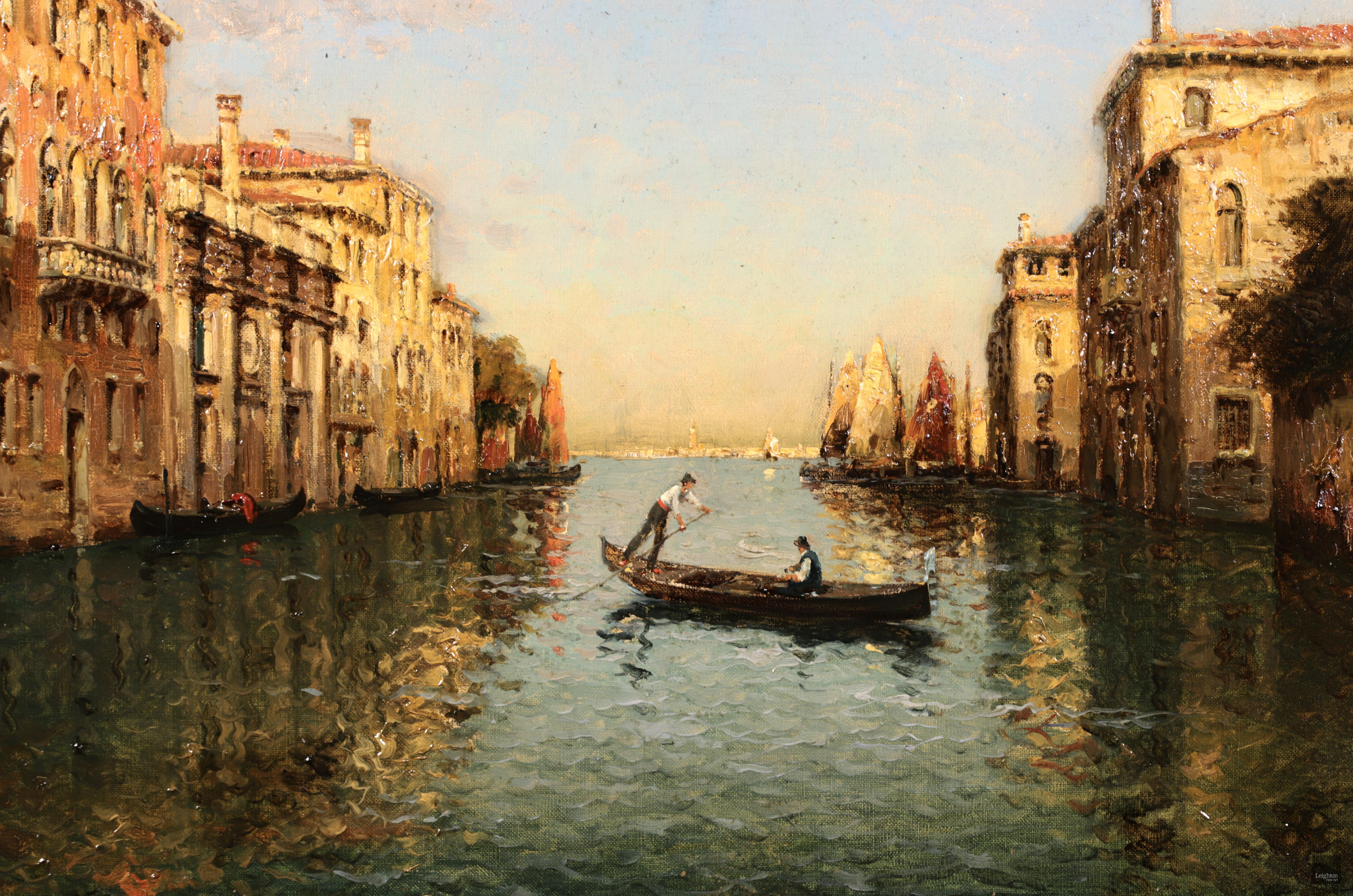 Gondoliers on a canal - Venice - Impressionist Oil, Landscape by Antoine Bouvard 2