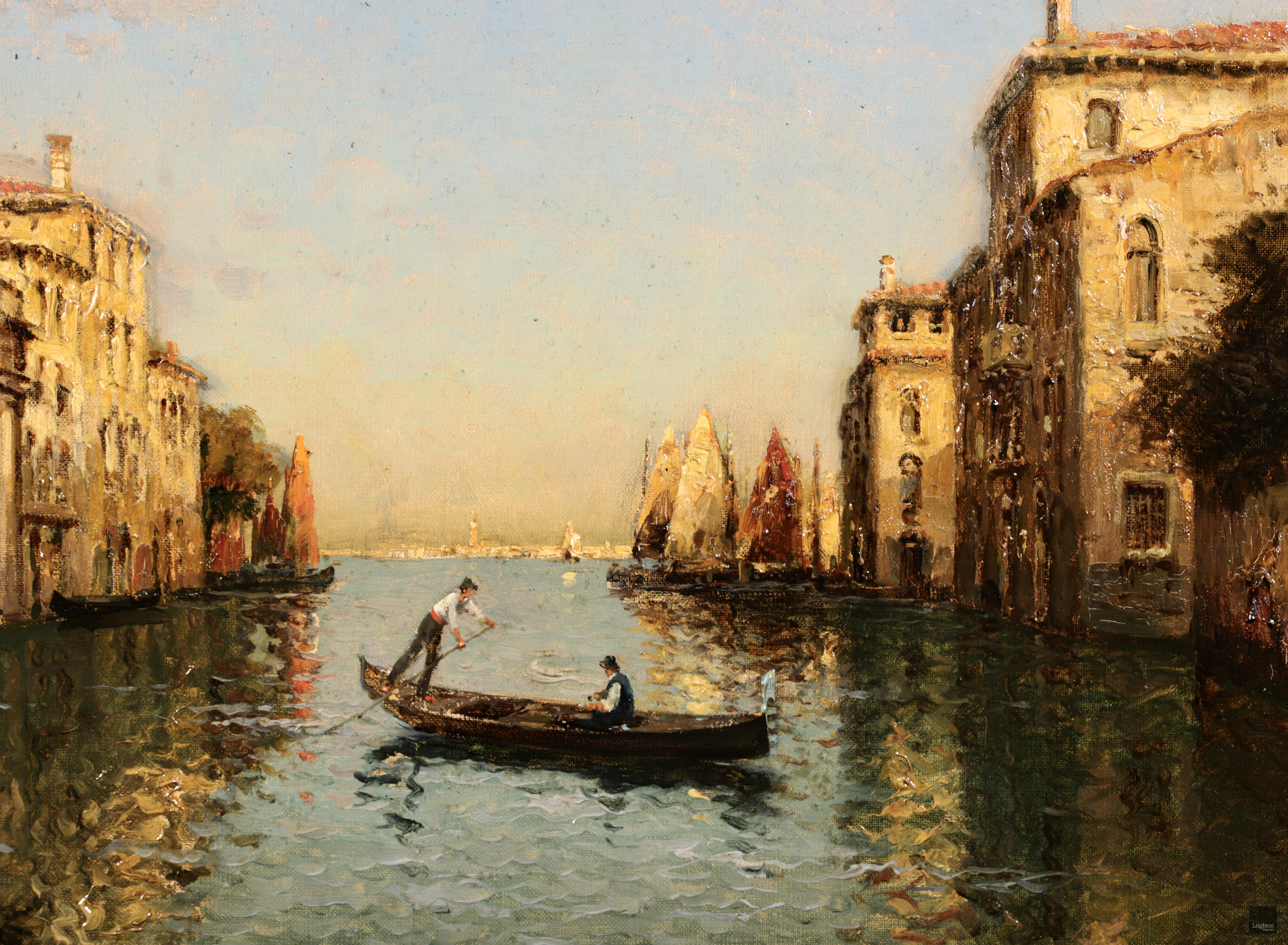 Gondoliers on a canal - Venice - Impressionist Oil, Landscape by Antoine Bouvard 3