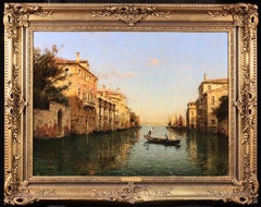 Gondoliers on a canal - Venice - Impressionist Oil, Landscape by Antoine Bouvard