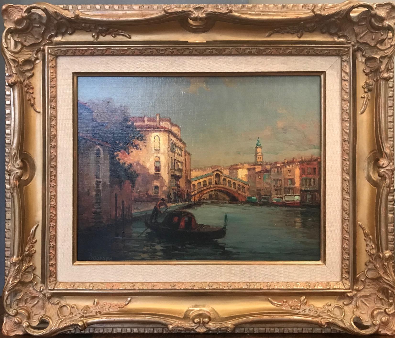 Painting of  Venice depicting the Canals & Gondola 'The Start of the Day' - Gray Landscape Painting by Antoine Bouvard Snr. 