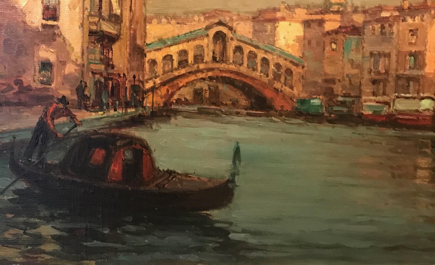 'Start of the Day’ reflects Bouvard’s love of Venice. The light bounces of each surface of the painting creating a haven of golden light and beauty.
Known as one of the most prolific painters of Venetian genre from this period, Bouvards works are