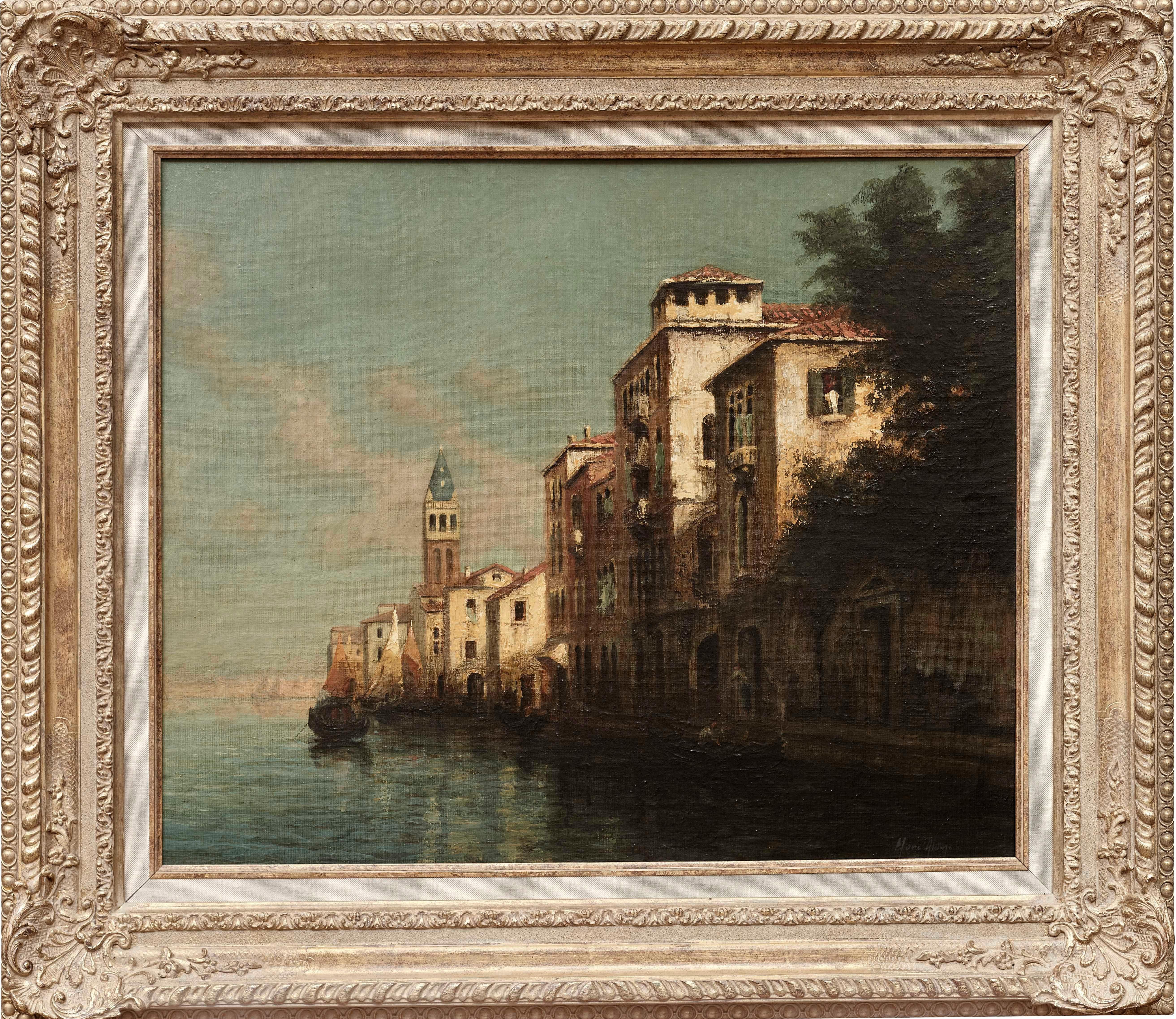 Venetian Landscape of Buildings, gondola and Canal. Venice 'Evening Glow' - Painting by Antoine Bouvard Snr. 