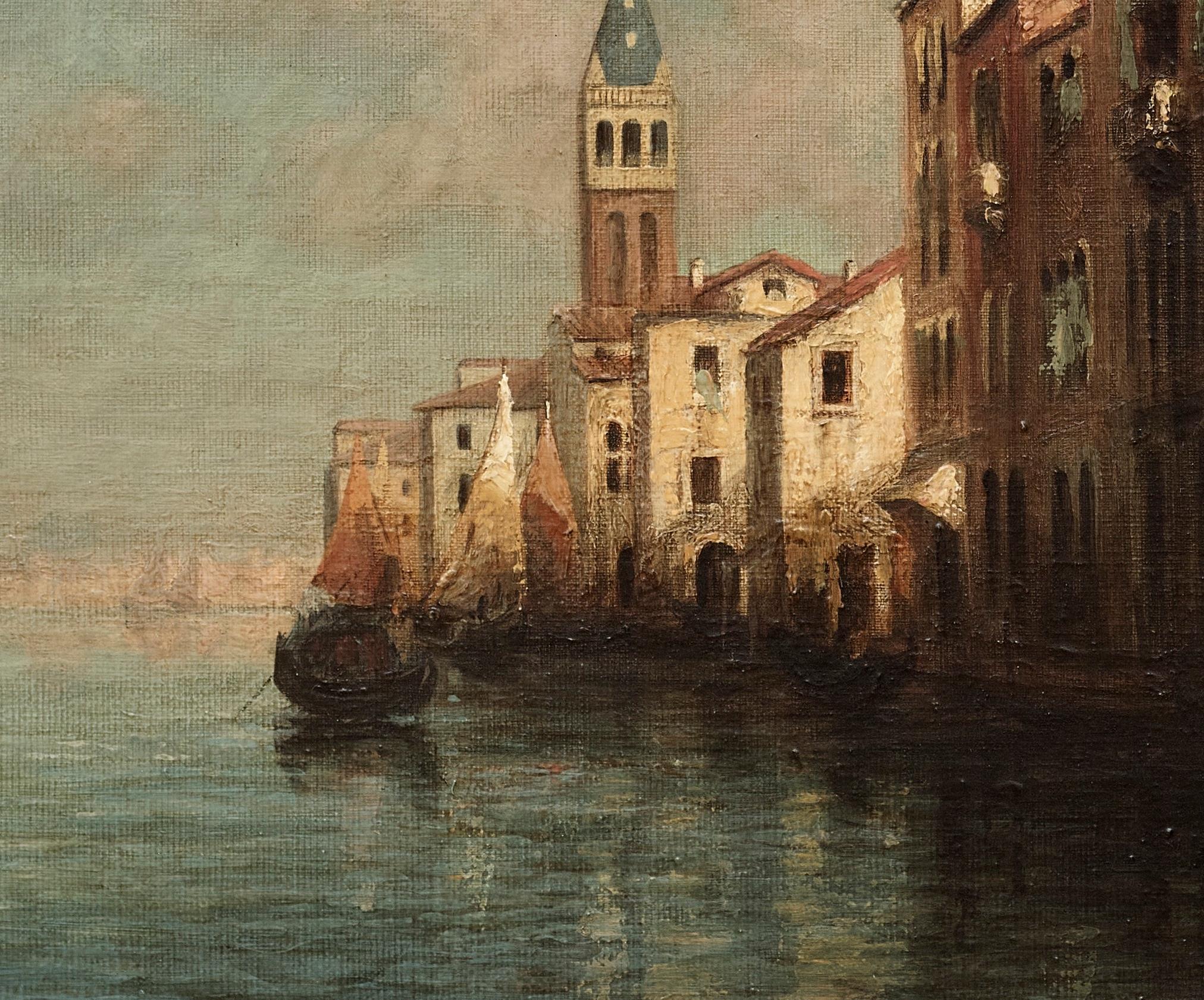 Venetian Landscape of Buildings, gondola and Canal. Venice 'Evening Glow' - Brown Landscape Painting by Antoine Bouvard Snr. 