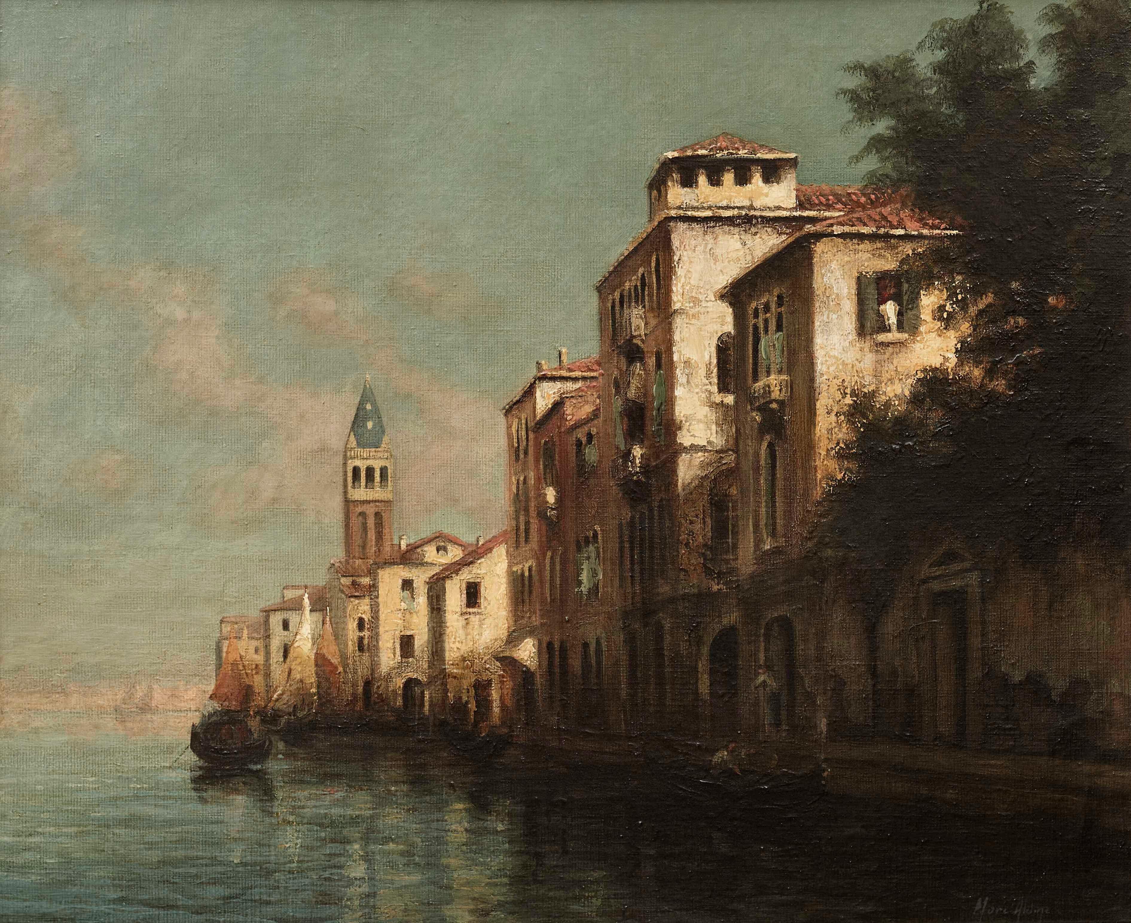 Antoine Bouvard Snr.  Landscape Painting - Venetian Landscape of Buildings, gondola and Canal. Venice 'Evening Glow'