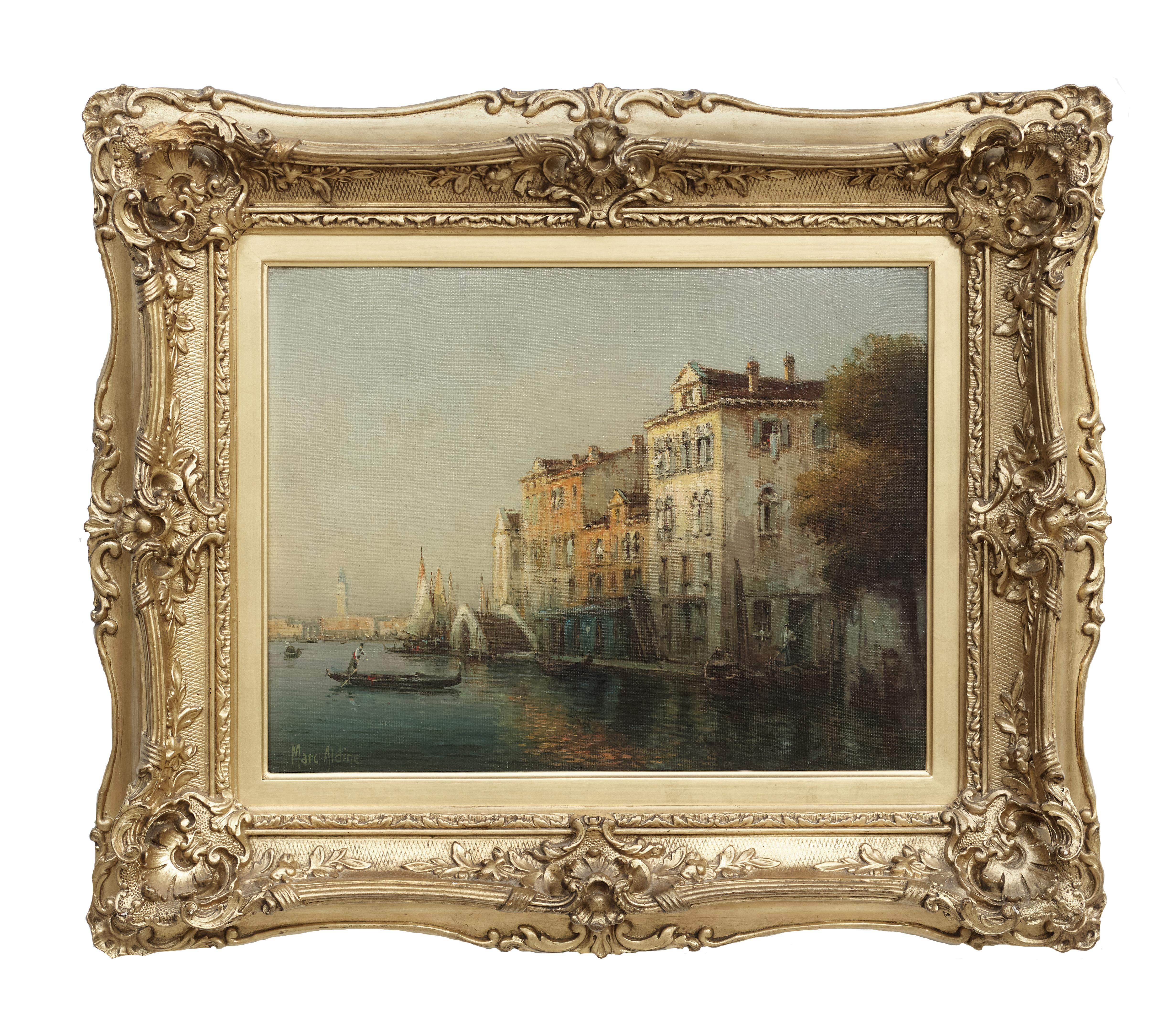 Venetian Sunset Impressionist Landscape City Scape of Venice, harbour, boats – Painting von Antoine Bouvard Snr. 
