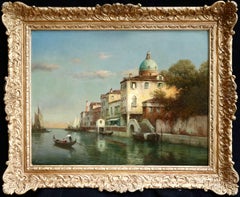 Venise - Huile du XIXe siècle:: paysage de gondoles sur canaux par Antoine Bouvard Snr