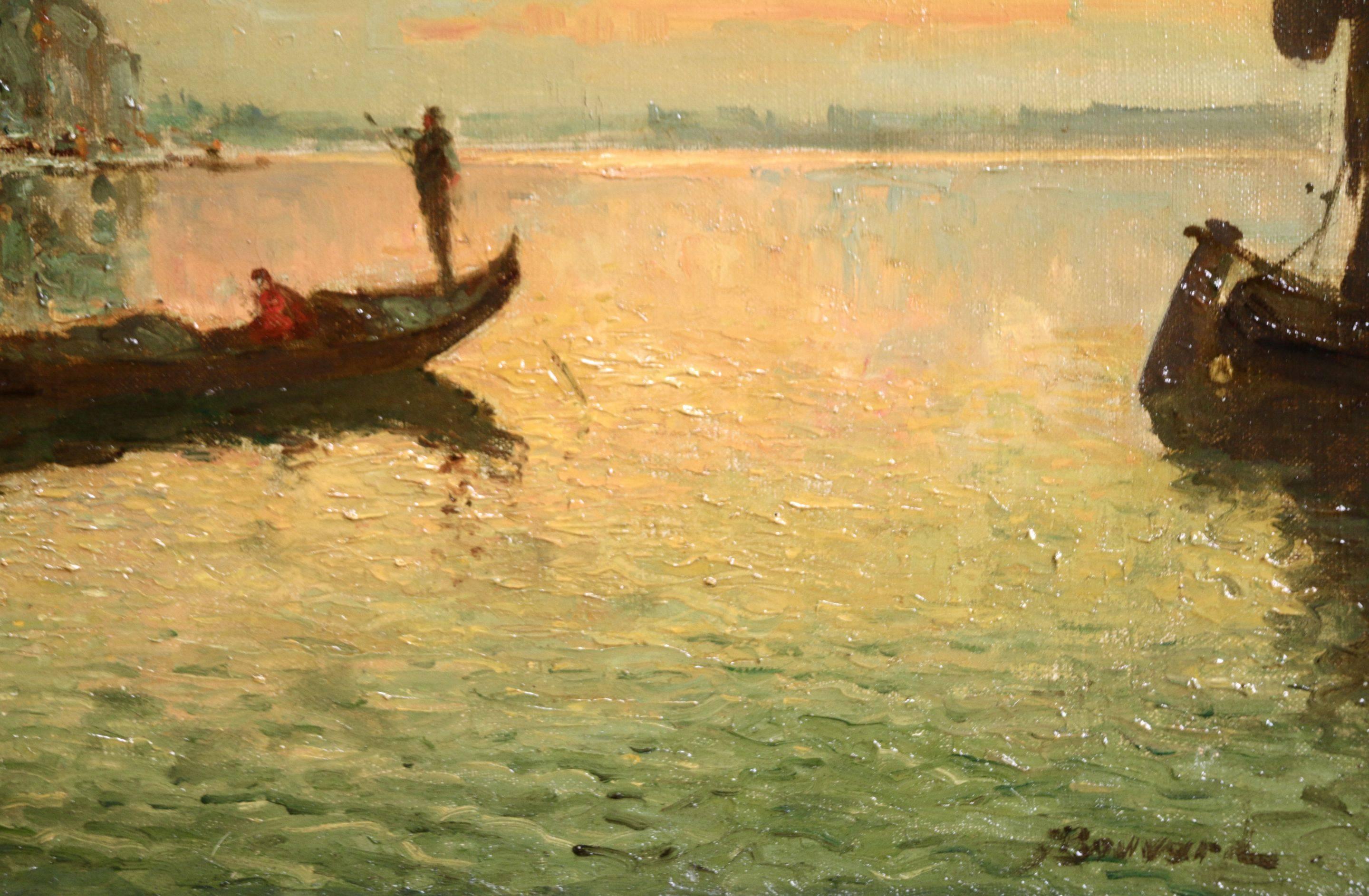 Venice - Doges Palace - Sunset - Impressionist Oil, Canal Landscape by A Bouvard - Beige Landscape Painting by Antoine Bouvard Snr. 