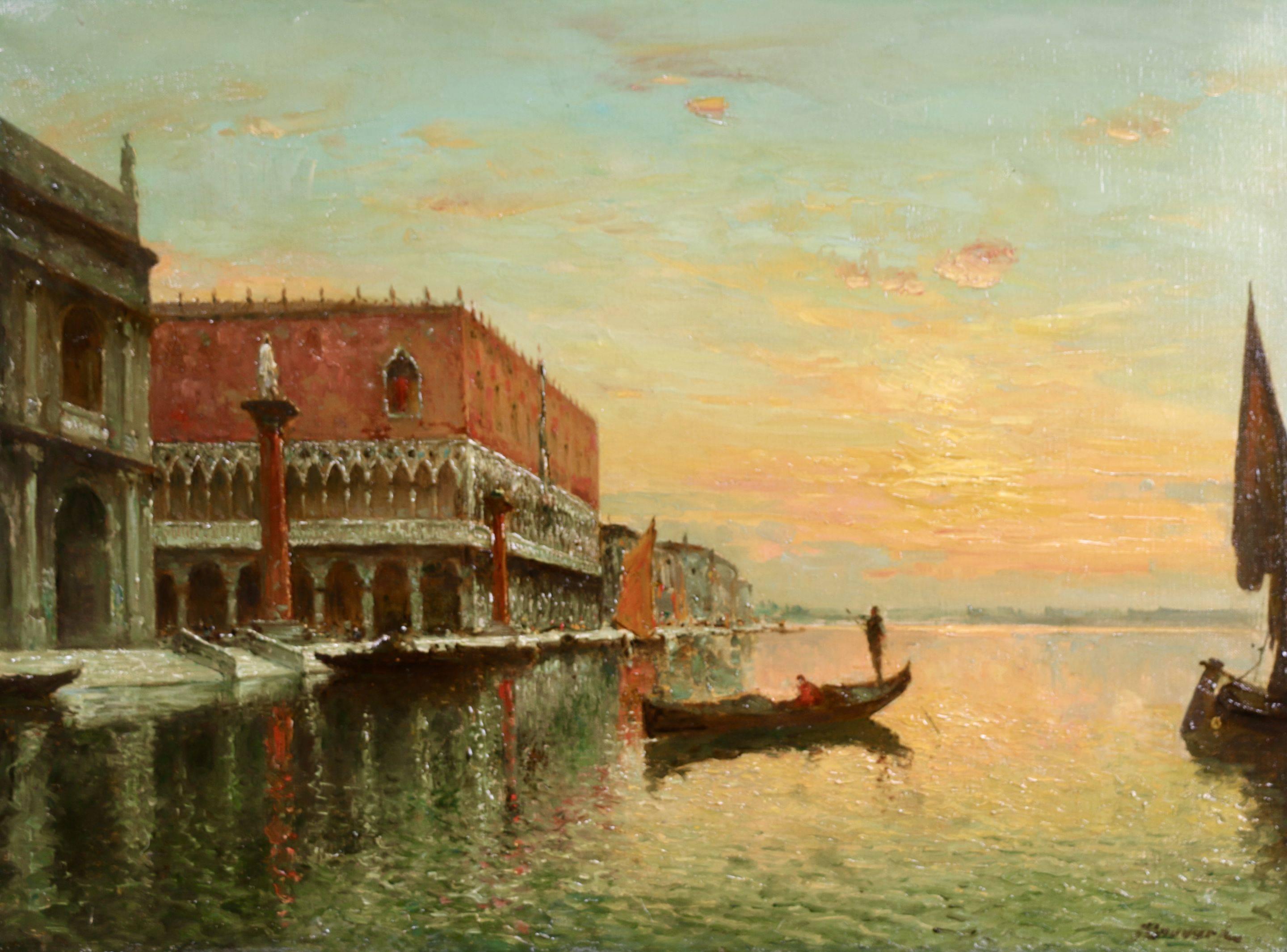 Antoine Bouvard Snr.  Landscape Painting - Venice - Doges Palace - Sunset - Impressionist Oil, Canal Landscape by A Bouvard
