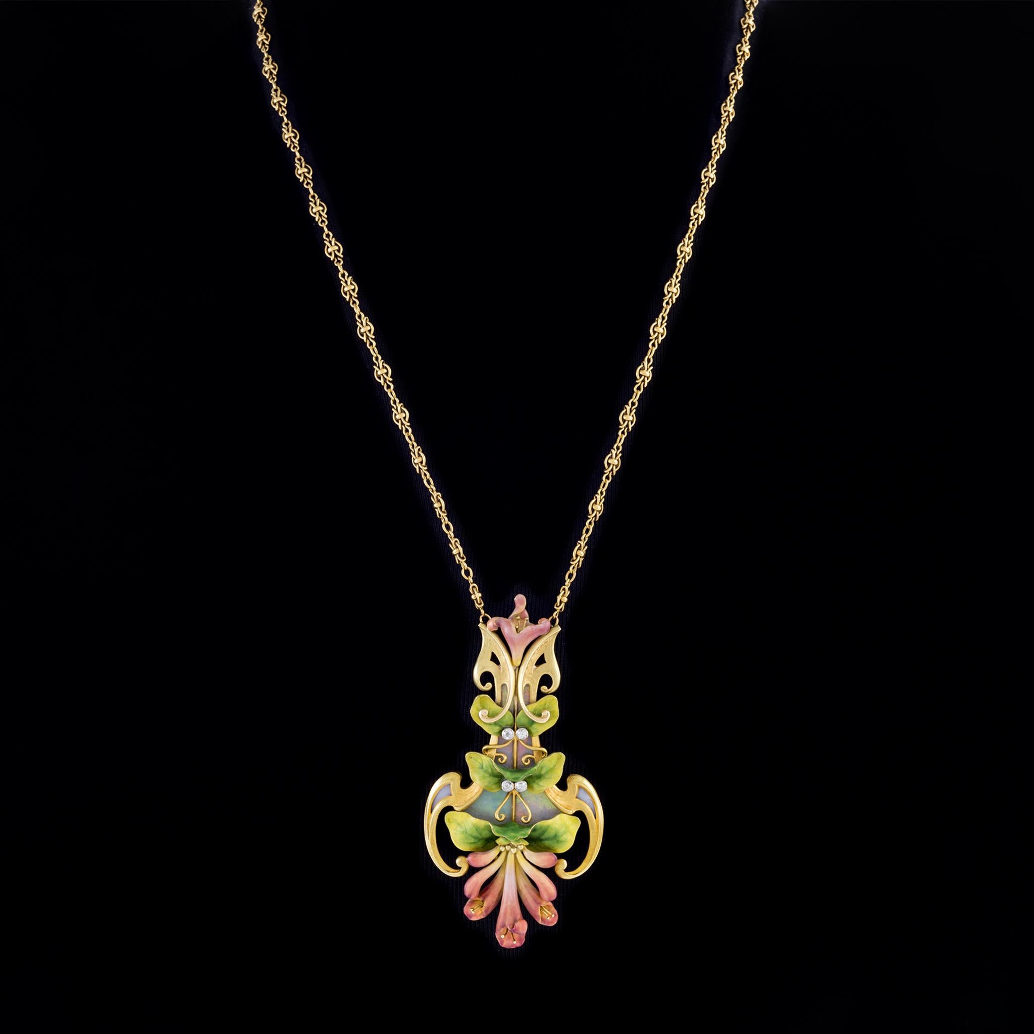 Old European Cut Antoine Bricteux Enamel, Opal, and Diamond Pendant Necklace