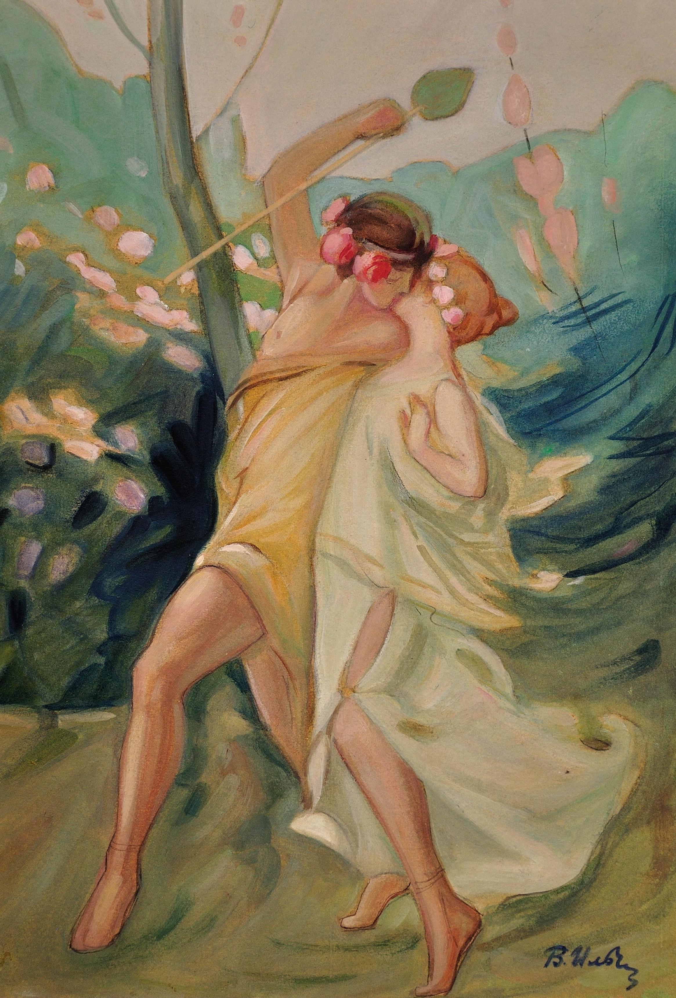 Peinture d'époque Art nouveau, Affaire d'amour grecque entre Thésée et Ariane - Marron Figurative Art par Antoine Calbet