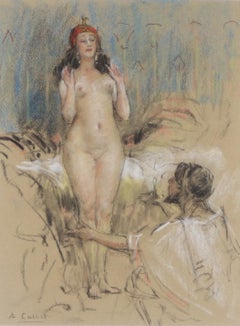 Französisches Vintage-Porträt eines Aktporträts von Antoine Calbet –  Pastell signiert