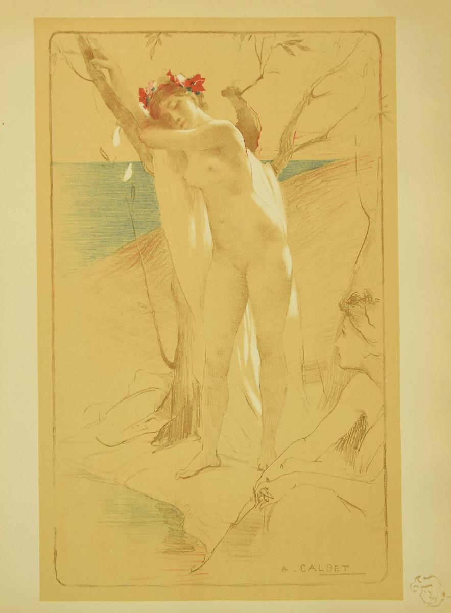 L'Inconnue is an original lithograph realized by Antoine Calbet in 1897.

The artwork is from the issue L'Estampe Moderne n.5, September 1897.

Signed on plate. It represents a young naked woman leaning on the branch of a tree by the sea shore; she