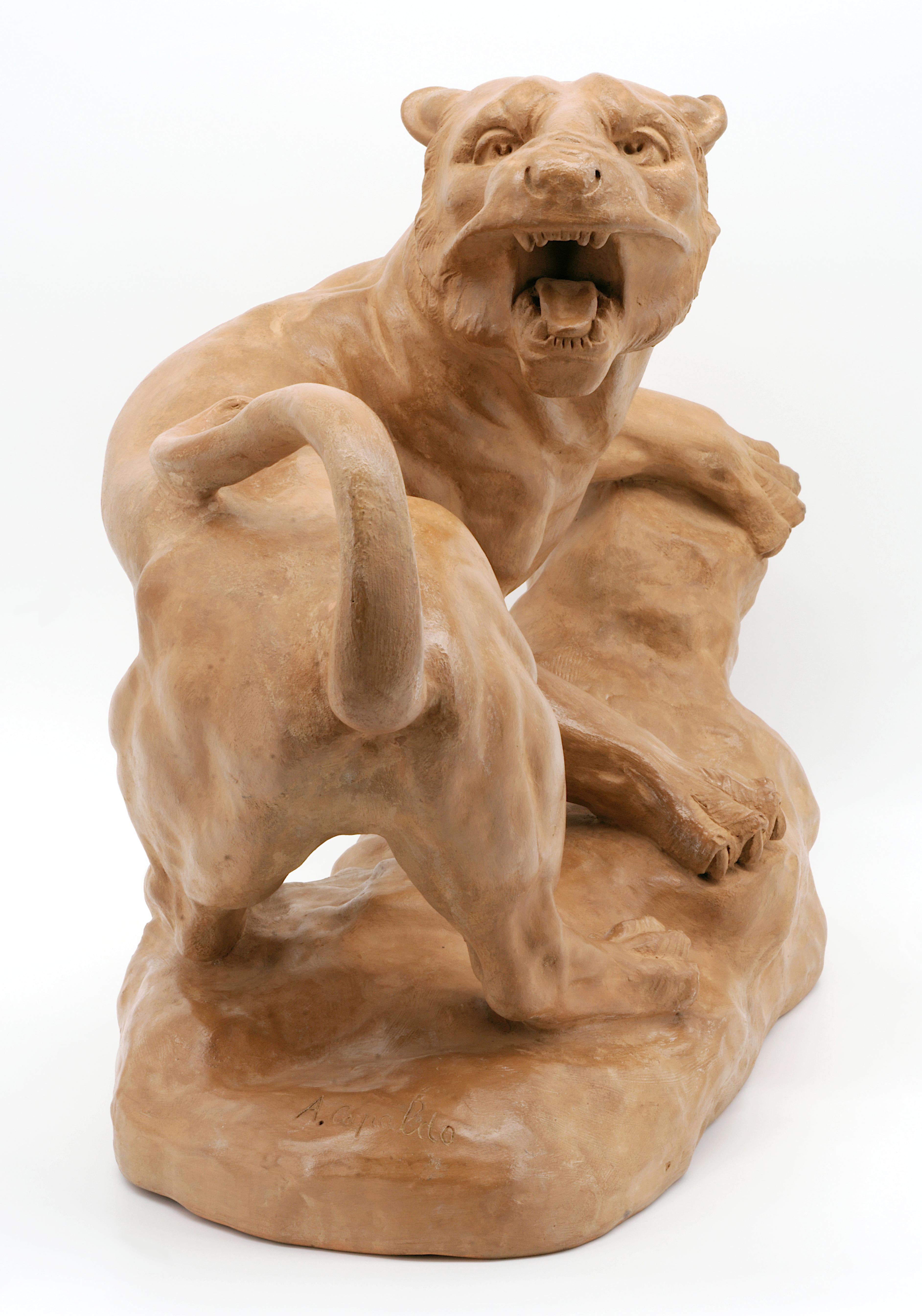 Leona francesa de terracota Art Decó Antoine Capaldo, década de 1910 en venta 2