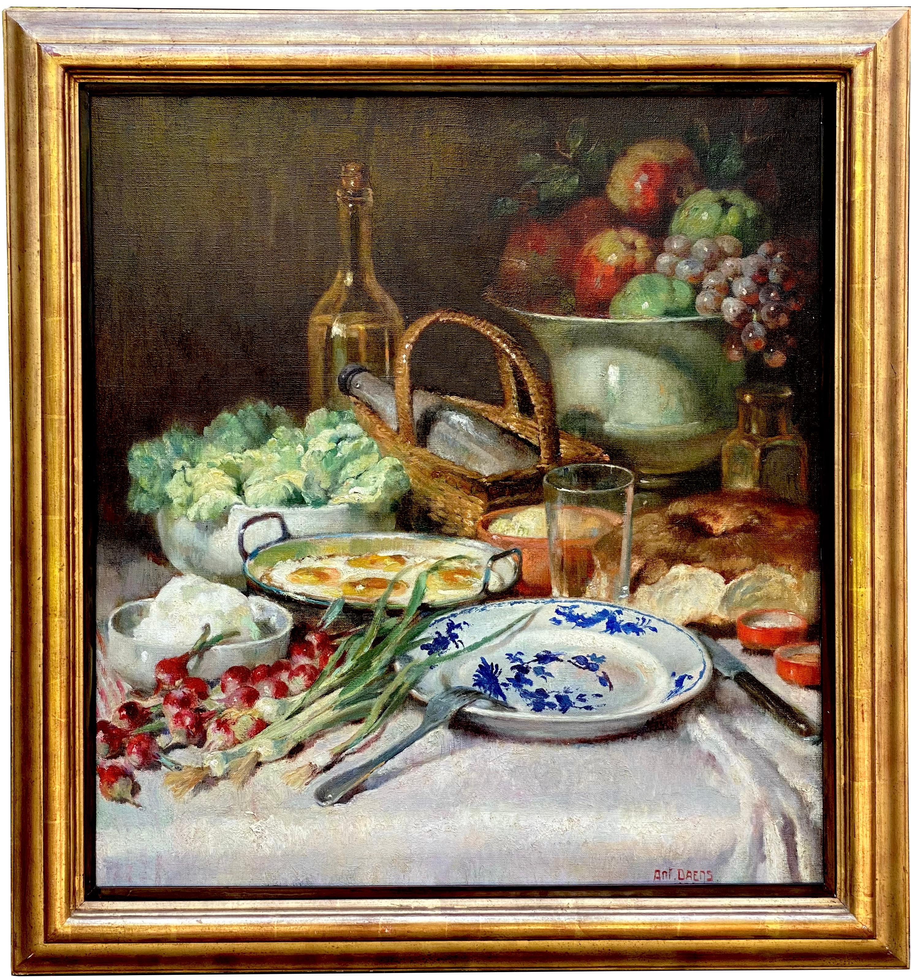 Antoine Daens
1871 – Brussels – 1946
Belgian Painter

'Mediterranean Breakfast'

Signature: signed lower right 'Ant. Daens.'
Medium: oil on canvas
Dimensions: image size 65,5 x 60,5 cm, frame size 78 x 73 cm

Biography: Antoine Daens was born in