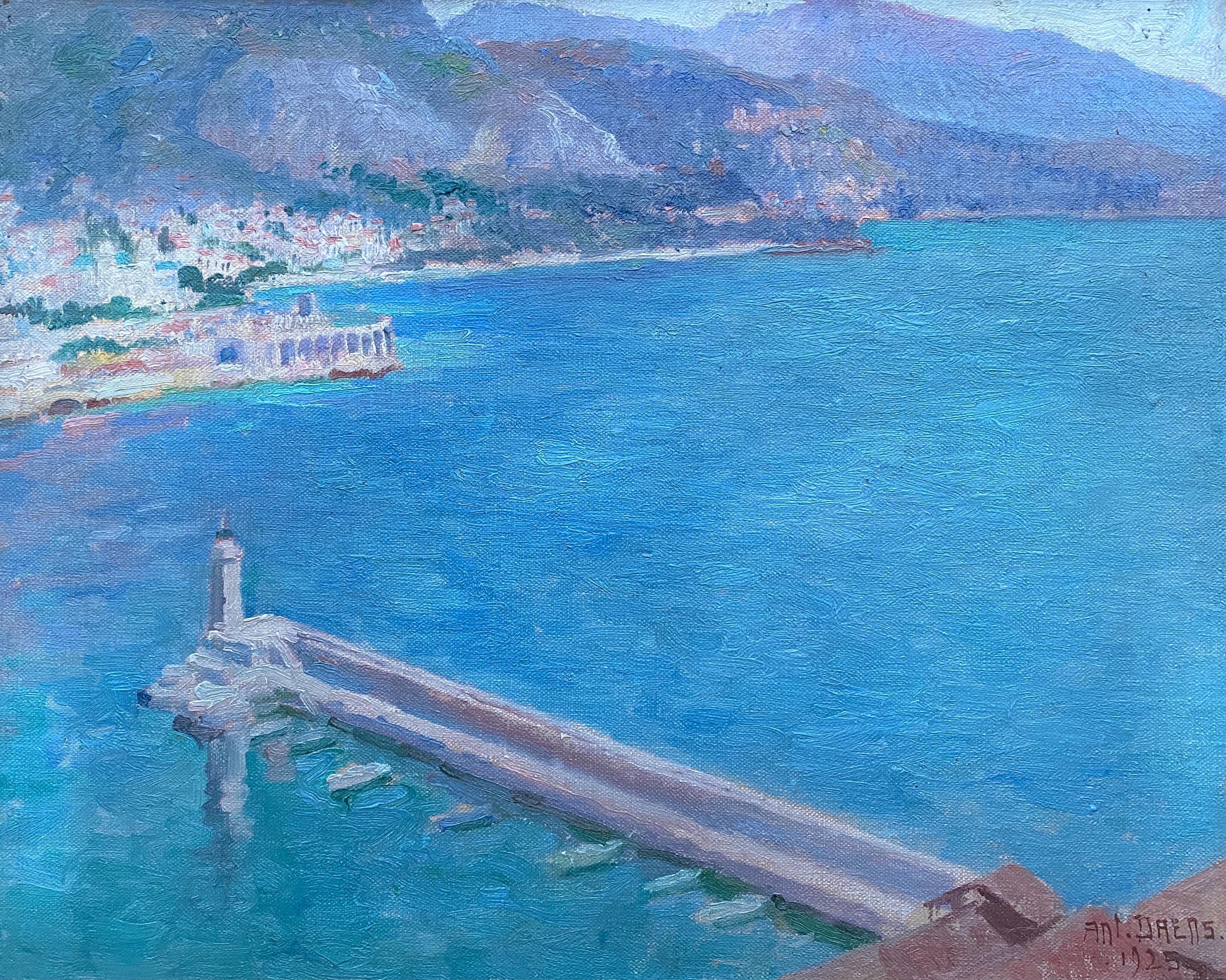 Meereslandschaft mit Pier und Leuchtturm des Hafens von Monaco, Antoine Daens, 1871 - 1946 im Angebot 1