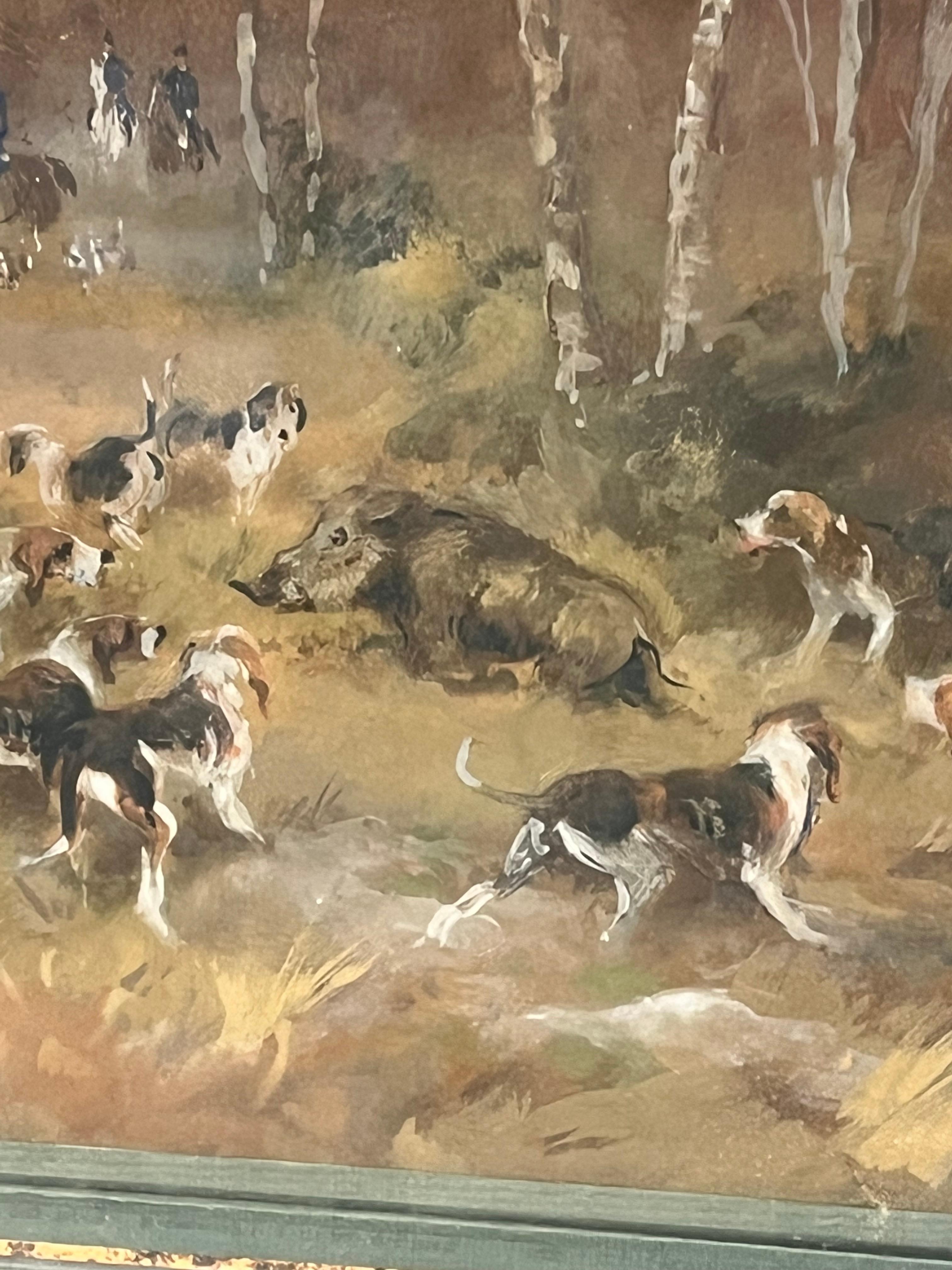 Chasse au Sangliers - Brown Animal Painting by Antoine de la Boulaye