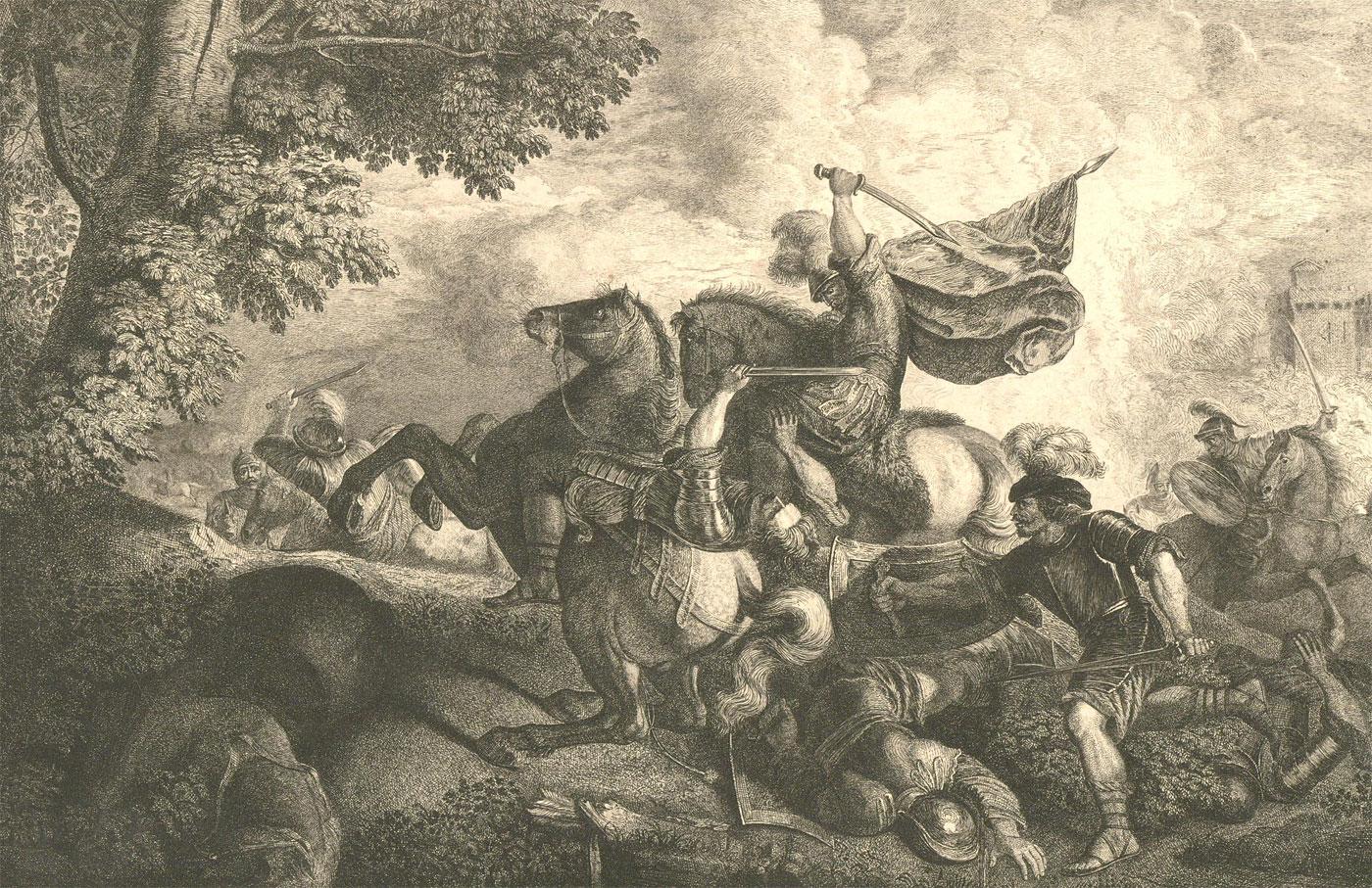 A dramatic 18th century engraving showing a brutal and bloody battle scene. The engraving is by Antoine de Marcenay de Ghuy, after Joseph Parrocel. There is an inscription at the lower edge with the artist's names, the publishing details and date