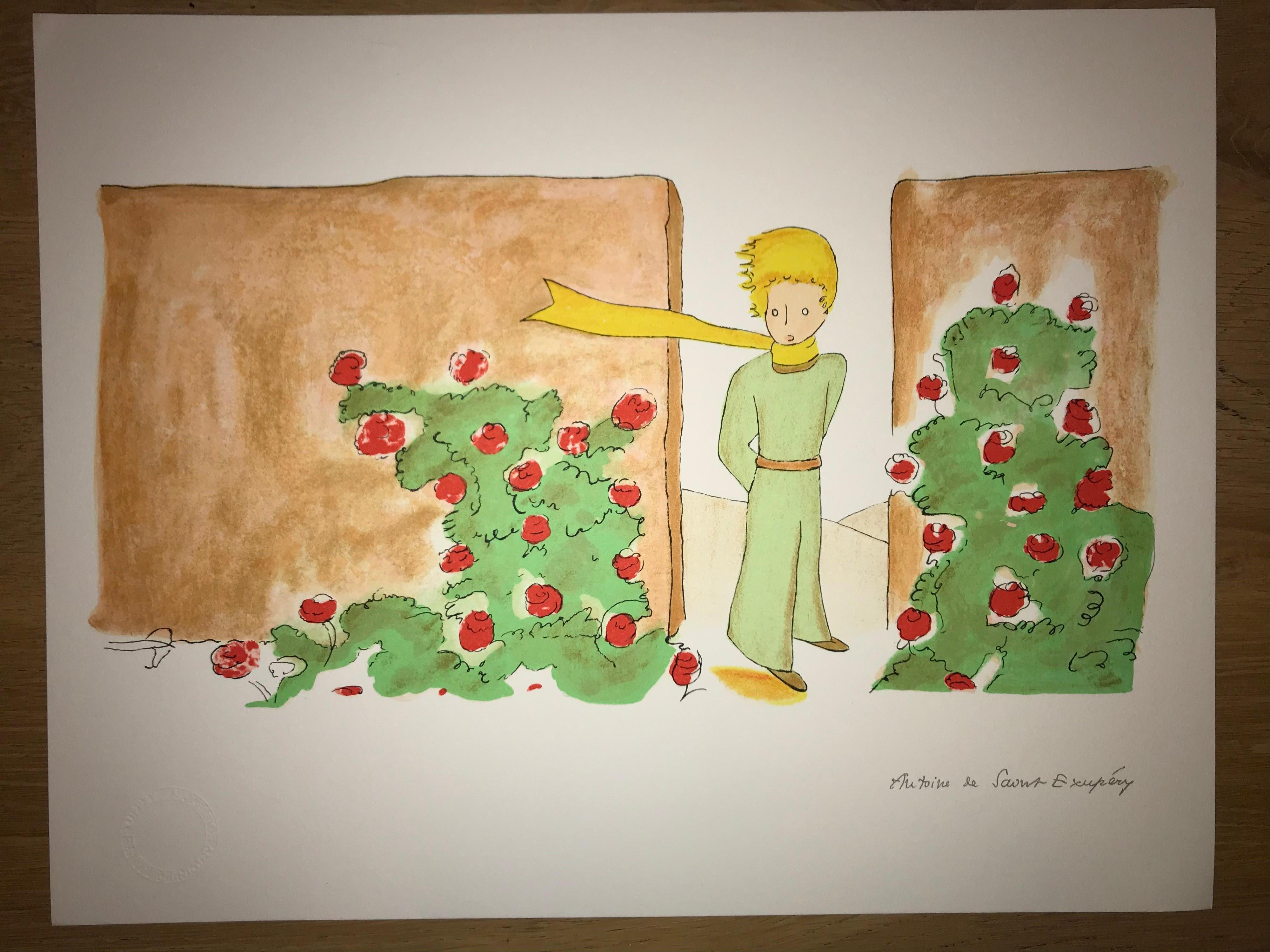 Le Petit Prince dans le jardin des Roses - Lithograph - 1900-1944 - Platesigned  - Print by Antoine de saint Exupery