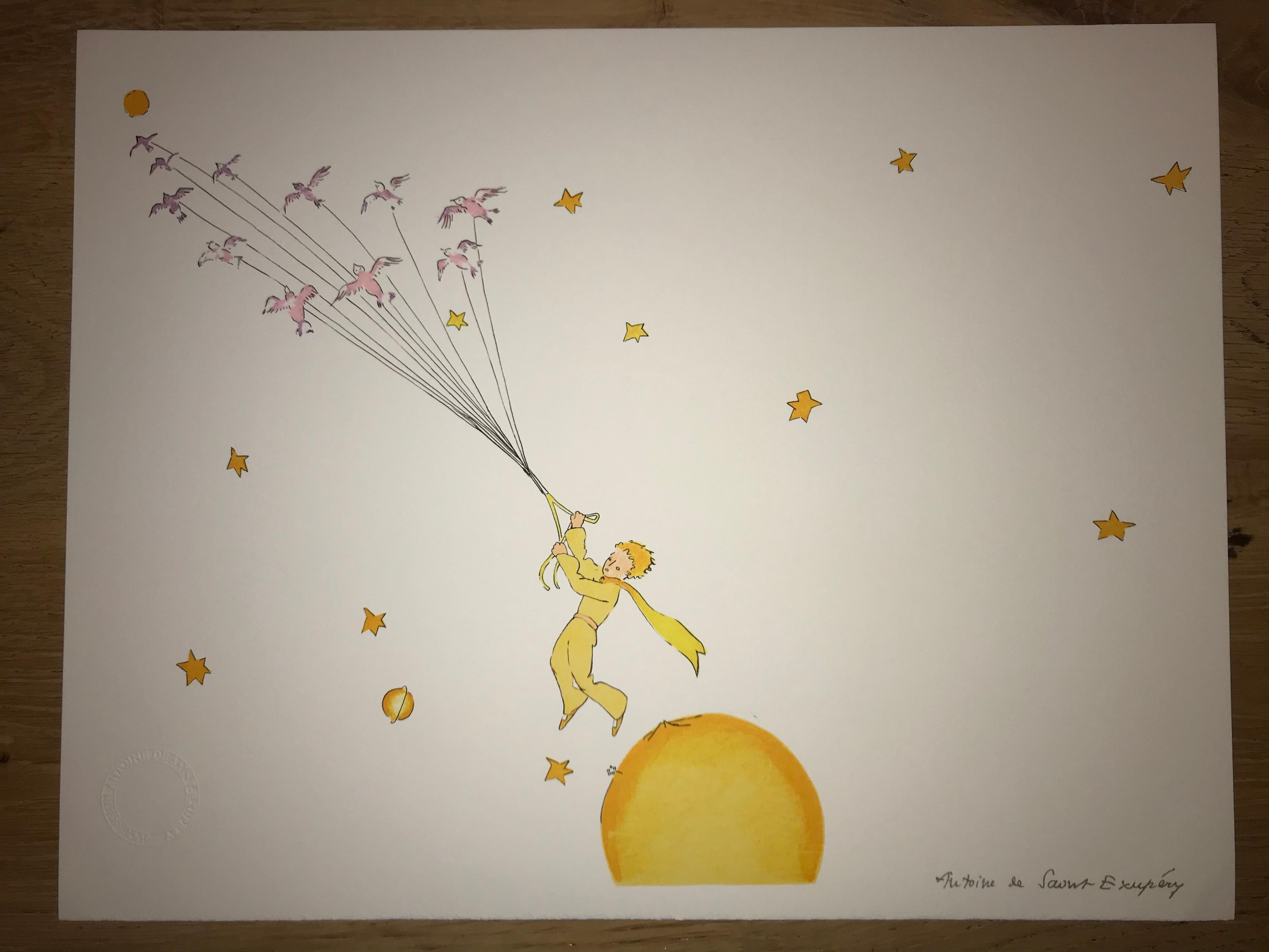 Le Petit Prince en route vers une autre planète - Litho - 1900-1944 - Platesign - Print by Antoine de saint Exupery