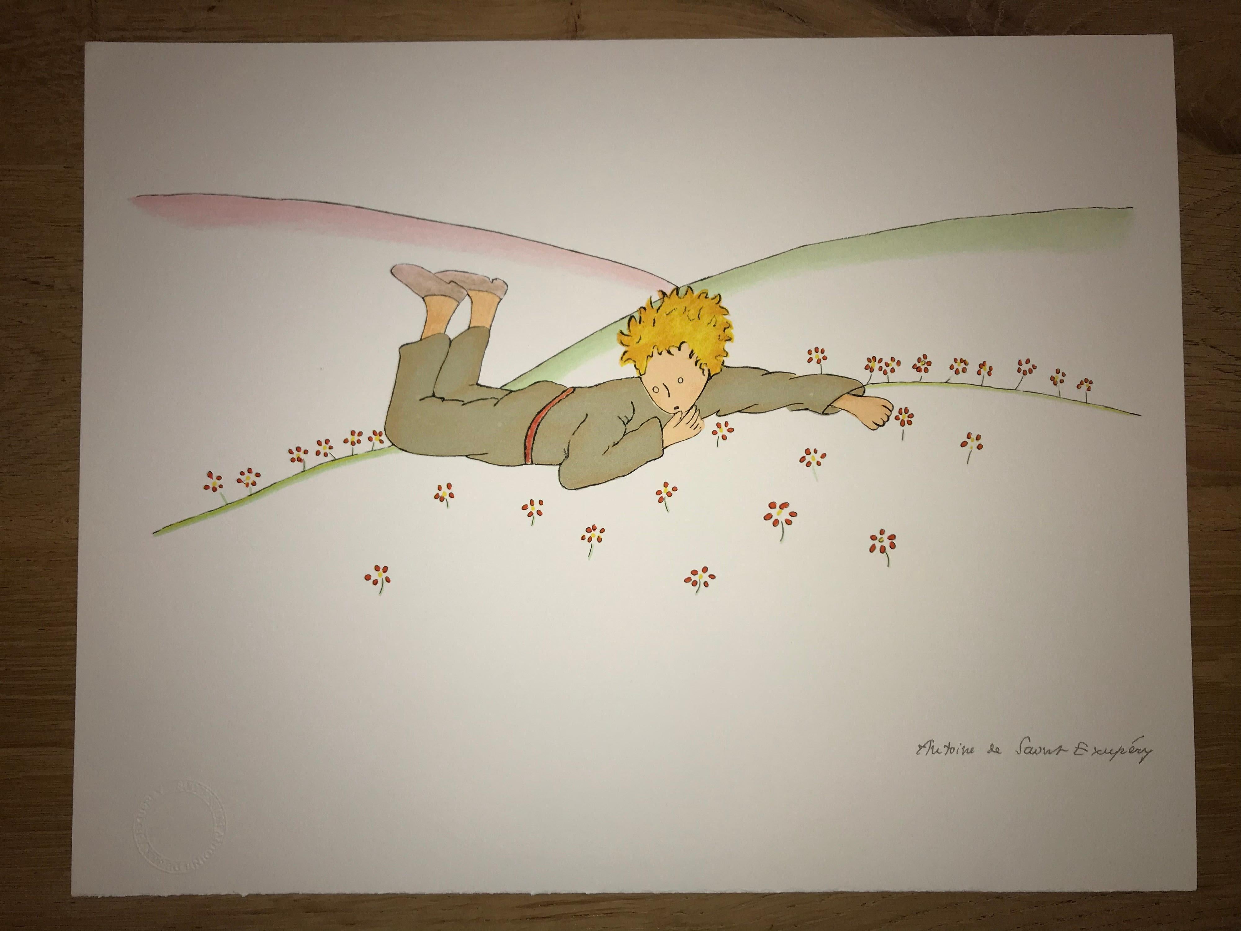 Le Petit Prince parmi les fleurs - Lithograph - 1900-1944 - Platesigned  - Print by Antoine de saint Exupery