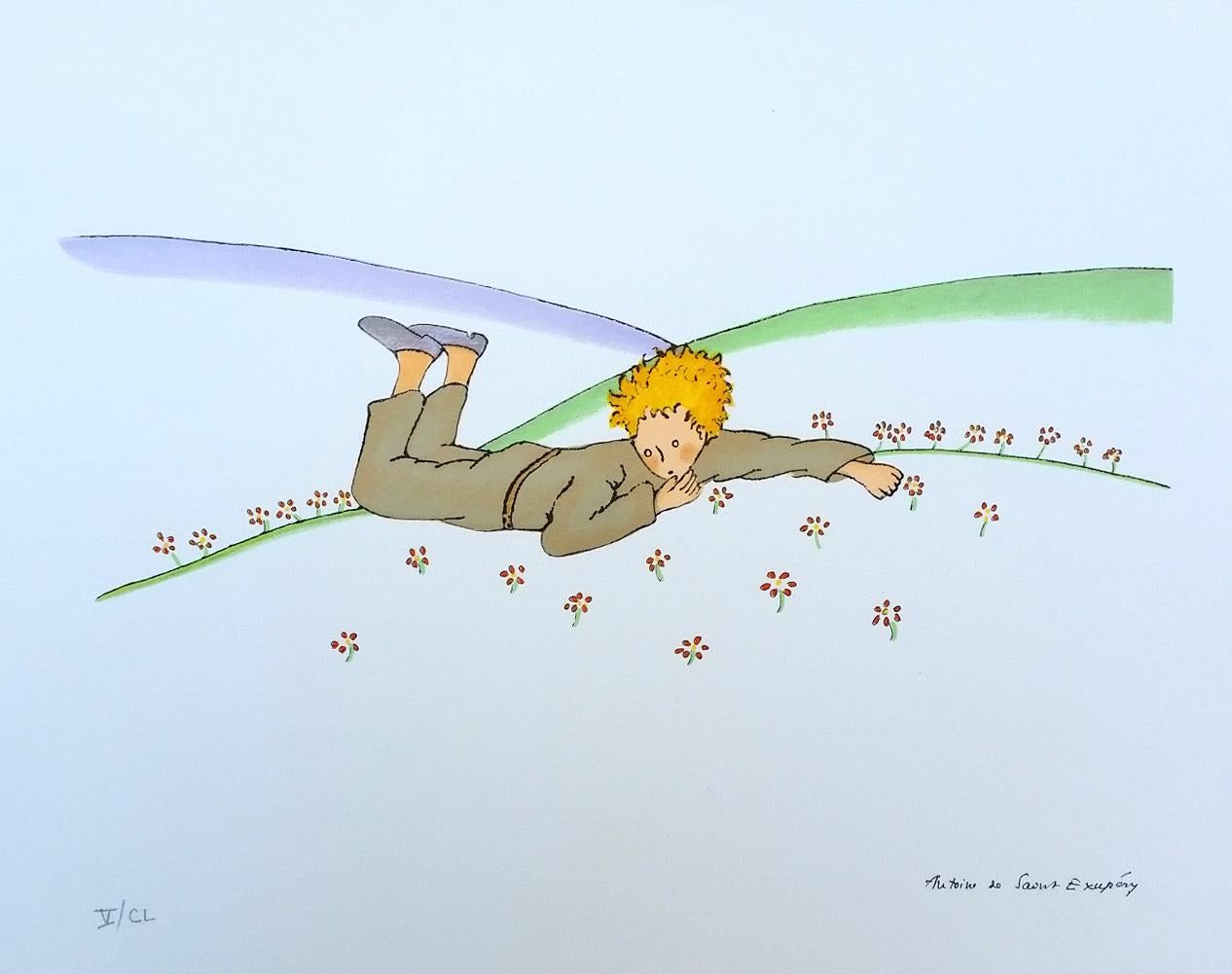 Antoine de saint Exupery Figurative Print - The Little Prince crying in the grass