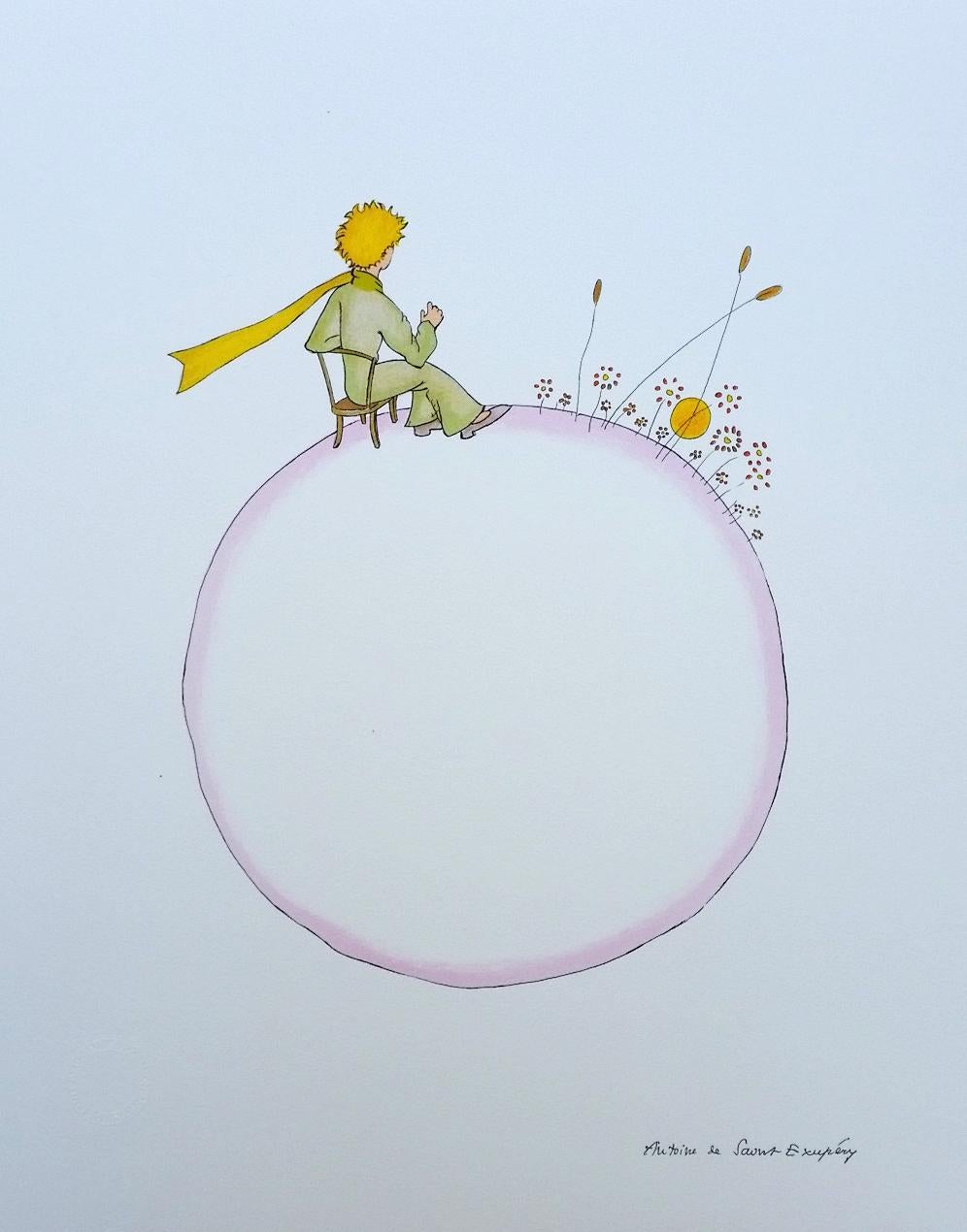 Antoine de saint Exupery Figurative Print - The Little Prince sitting on his volcano L