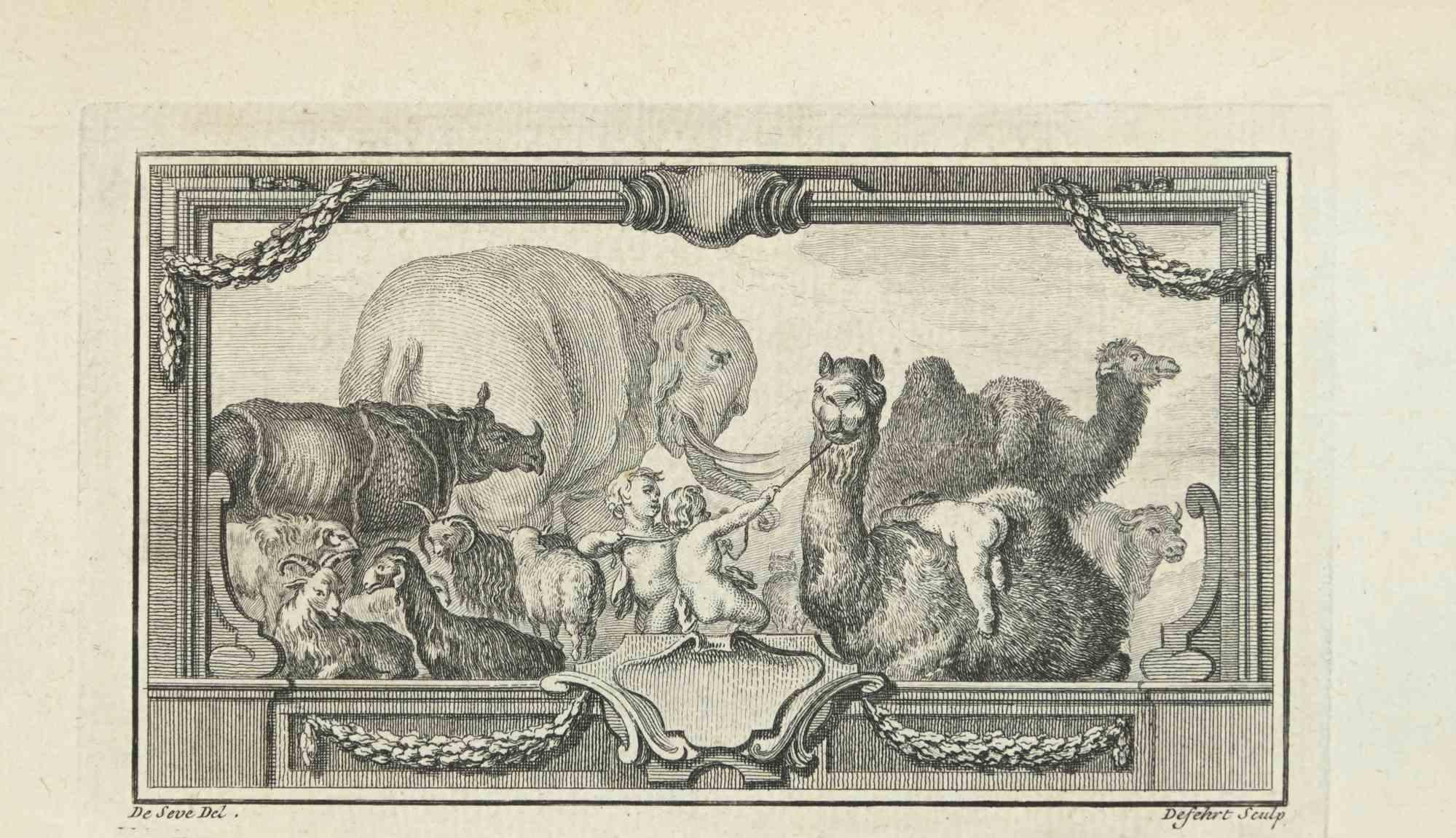 Composition avec animaux est une eau-forte réalisée par Antoine Defehrt en 1771.

Il appartient à la suite "Histoire naturelle, générale et particulière avec la description du Cabinet du Roi".

Signature de l'Artistics gravée en bas à