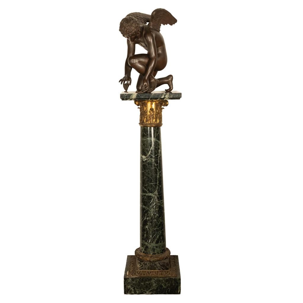 Monumental Antique French Bronze Sculpture Statue Cupid & Marble Ormolu Pedestal