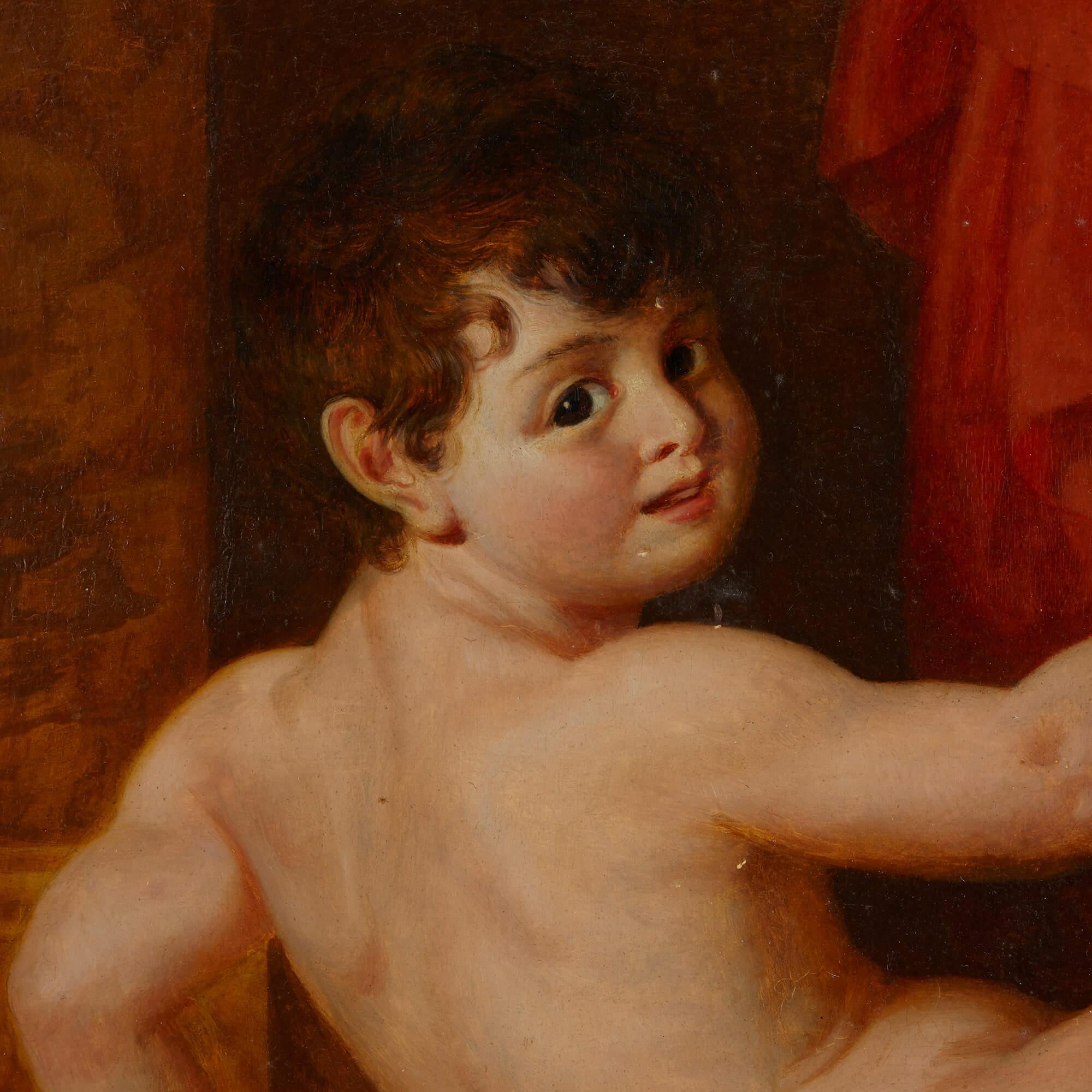 Coppia di dipinti a olio neoclassici francesi di Dubost
Francese, 1809/11
Telaio: Altezza 70,5 cm, larghezza 86 cm, profondità 9 cm.
Pannello: Altezza 45cm, larghezza 61cm, profondità 1cm

Gli affascinanti quadri di questa coppia sono dipinti in
