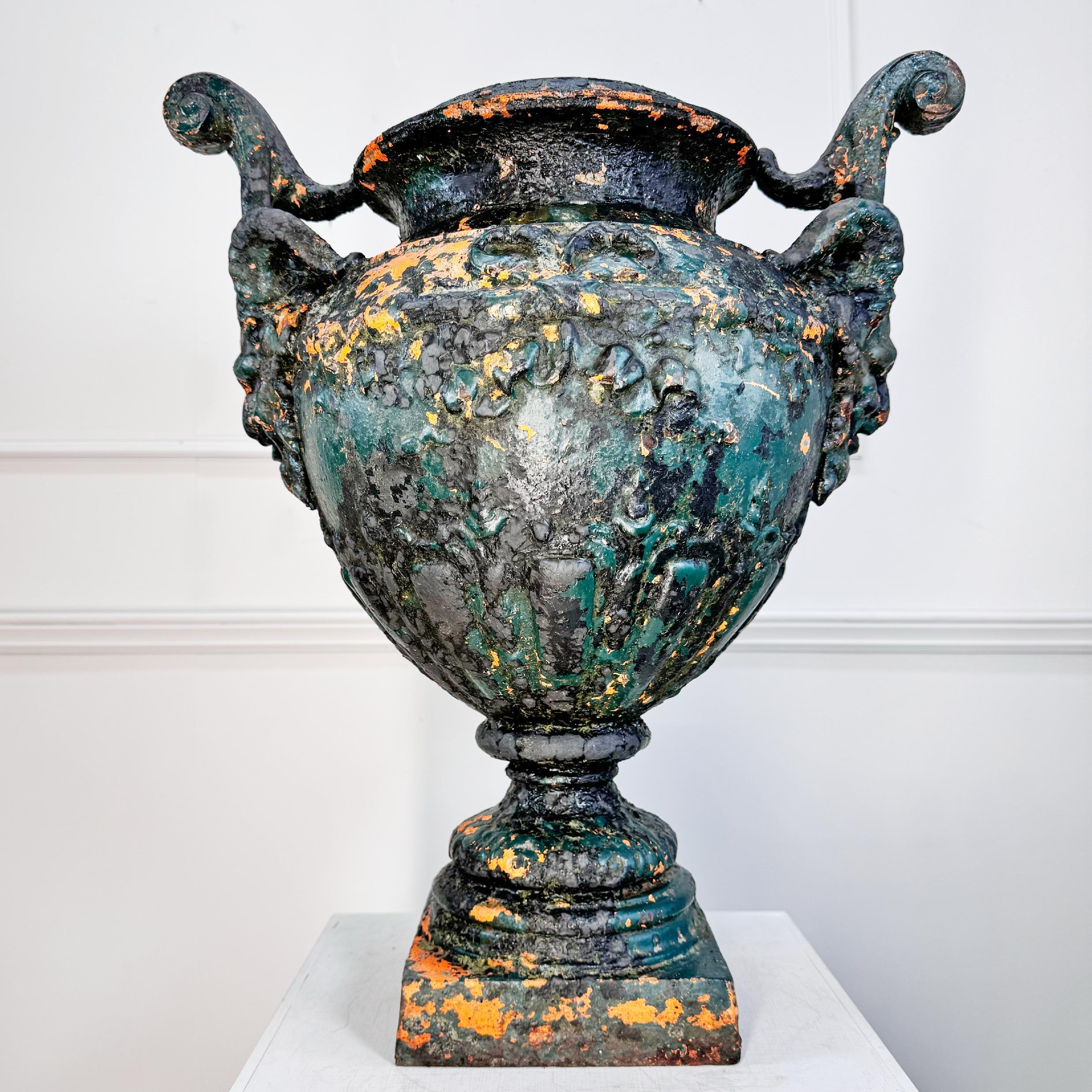 Neoclassical Antoine Durenne Foundry Satyr Mask Cast Iron Urn For Sale