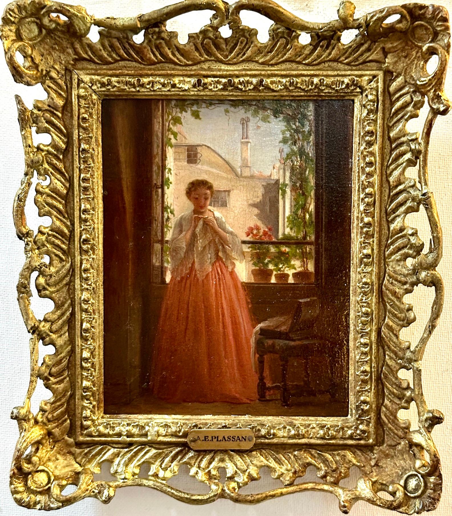Portrait Painting Antoine Emile Plassan - Français, 19e siècle, Jewell regardant un bijou dans un intérieur, Sud de la France