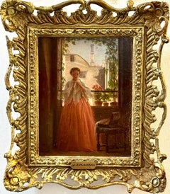 Antique French 19th century, Lady looking at a jewel in an interior, South of France
