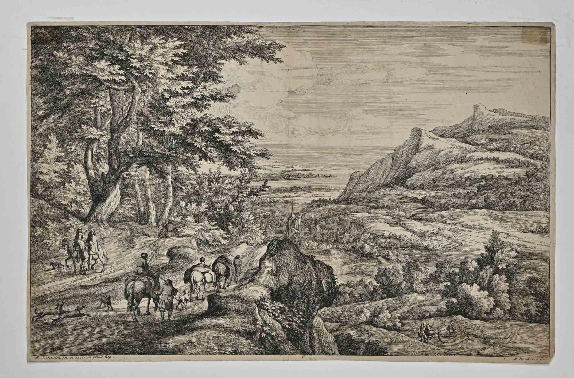 Le couvent dans la vallée is an original etching realized in the 17th Century by Antoine-François Bauduins (1640 1700).

Trimmed, very good conditions.

Signed on the plate.

The artwork is depicted through soft strokes in a well-balanced