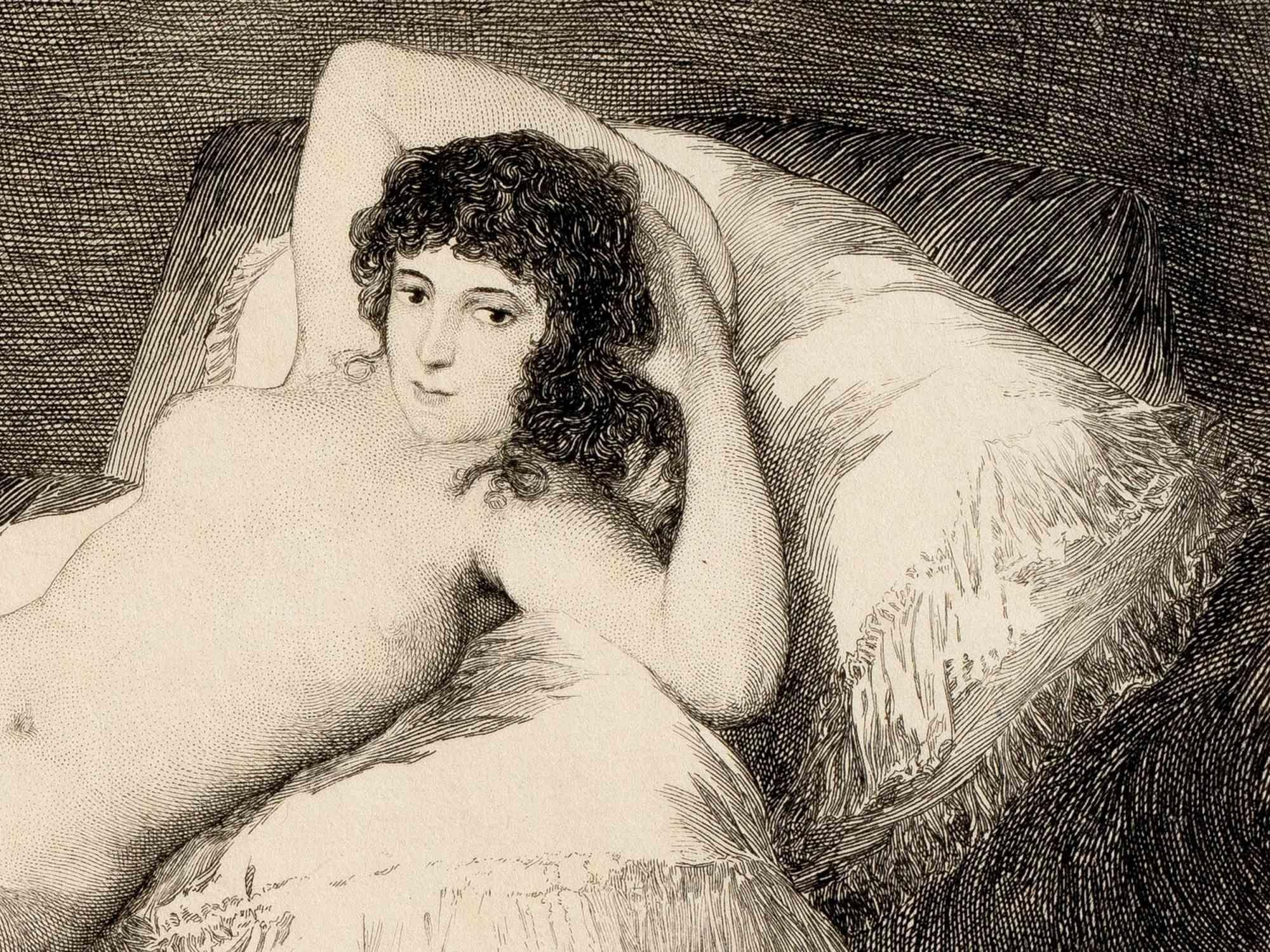 Maja Desnuda – Radierung von A.-F. Dezarrois nach F. Goya – Ende des 19. Jahrhunderts – Print von Antoine-François Dezarrois