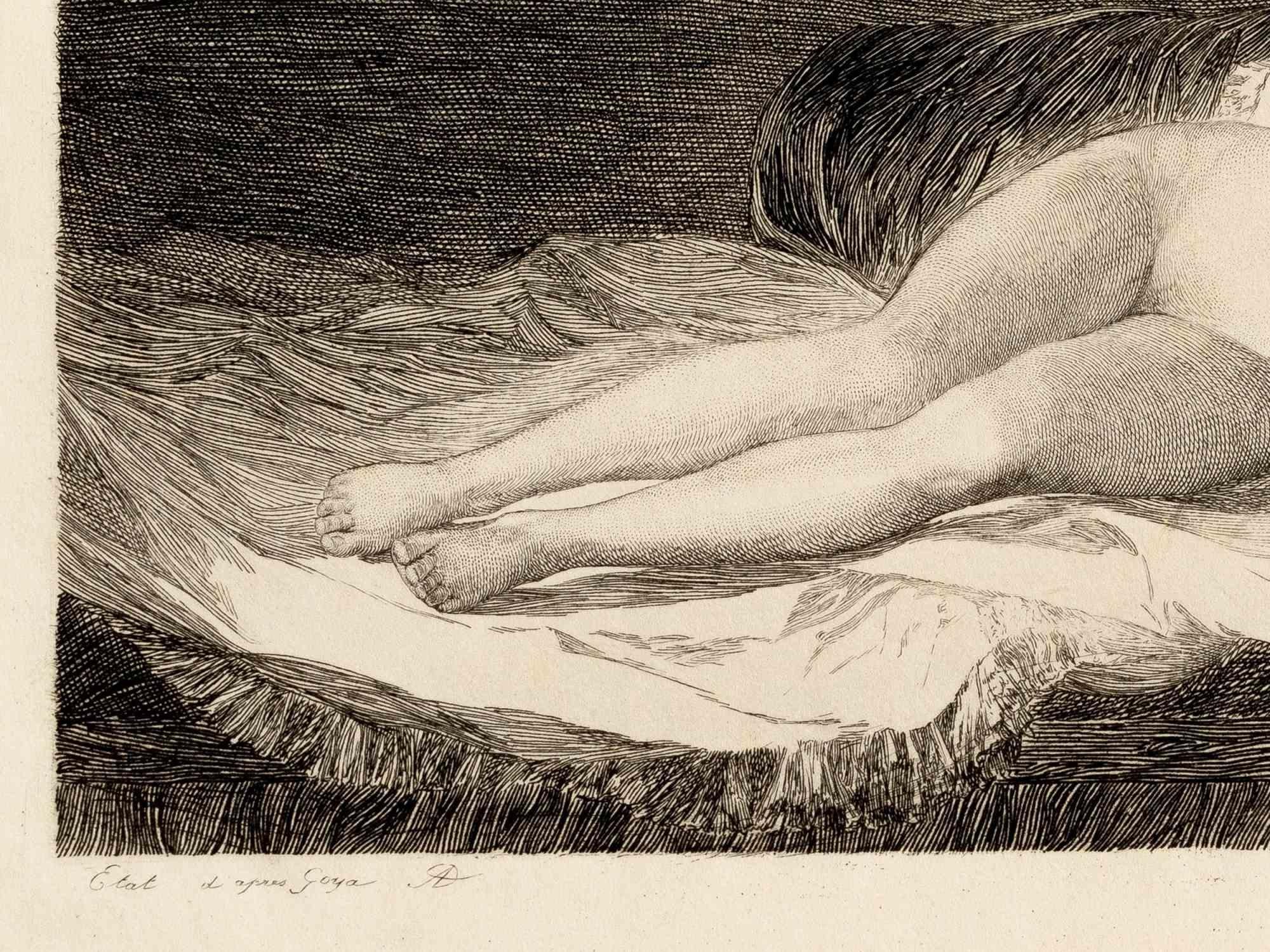Maja Desnuda – Radierung von A.-F. Dezarrois nach F. Goya – Ende des 19. Jahrhunderts (Moderne), Print, von Antoine-François Dezarrois