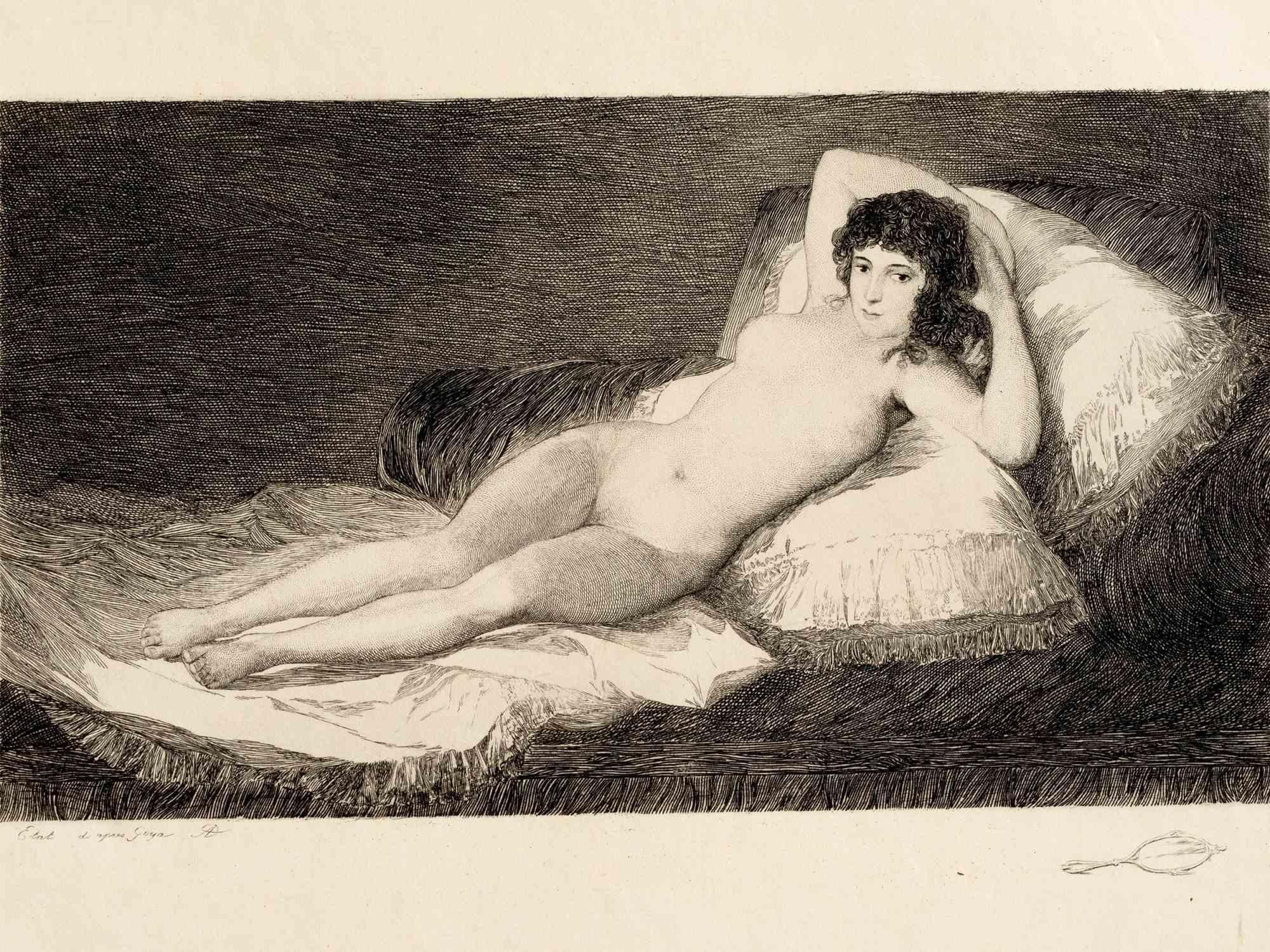 Antoine-François Dezarrois Nude Print - Maja Desnuda - Etching by A.-F. Dezarrois after F. Goya - Late 19th Century