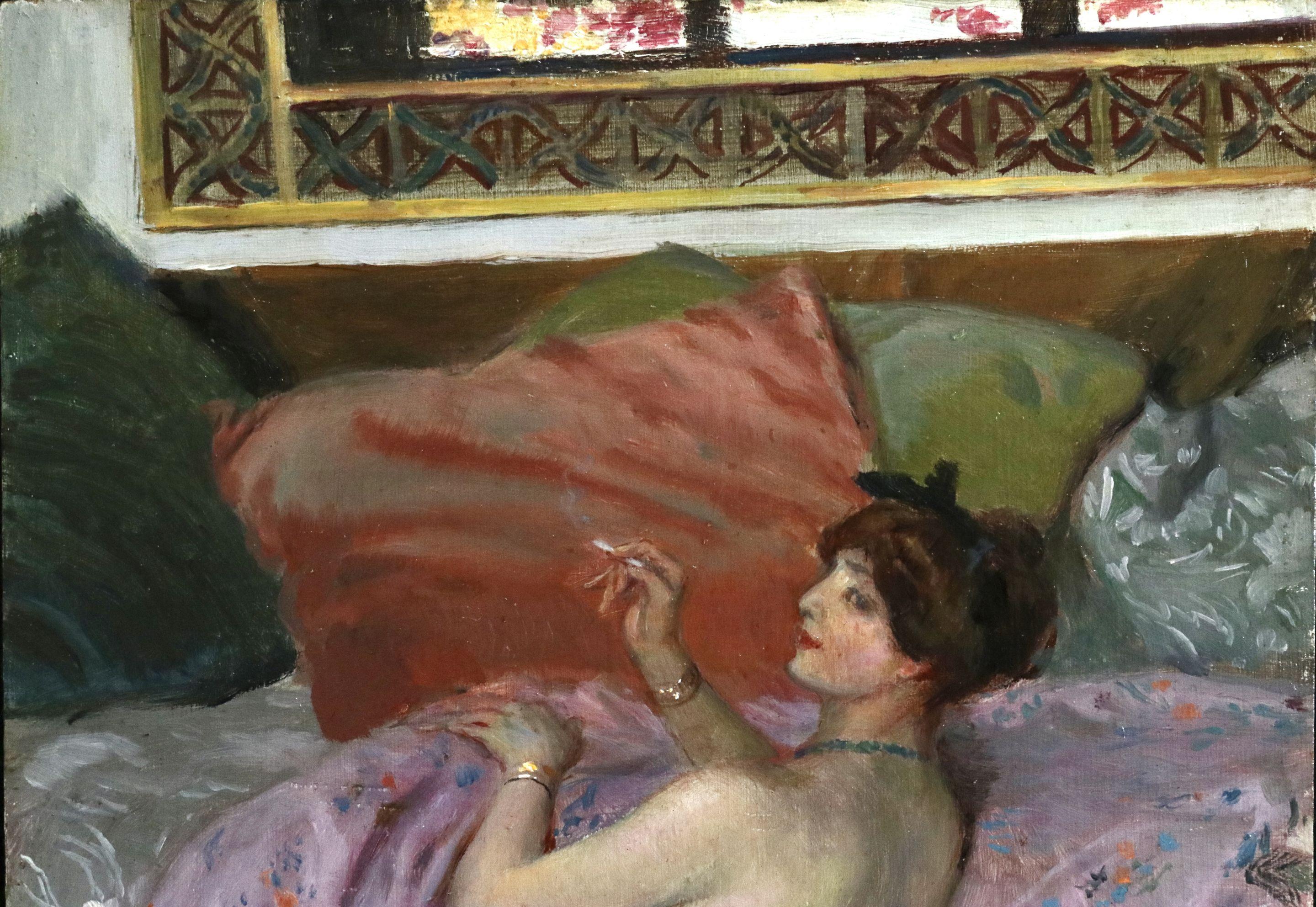 Nude Smoking a Cigarette - 19th Century Oil, Woman in Interior by Rochegrosse - Painting by Georges Antoine Rochegrosse