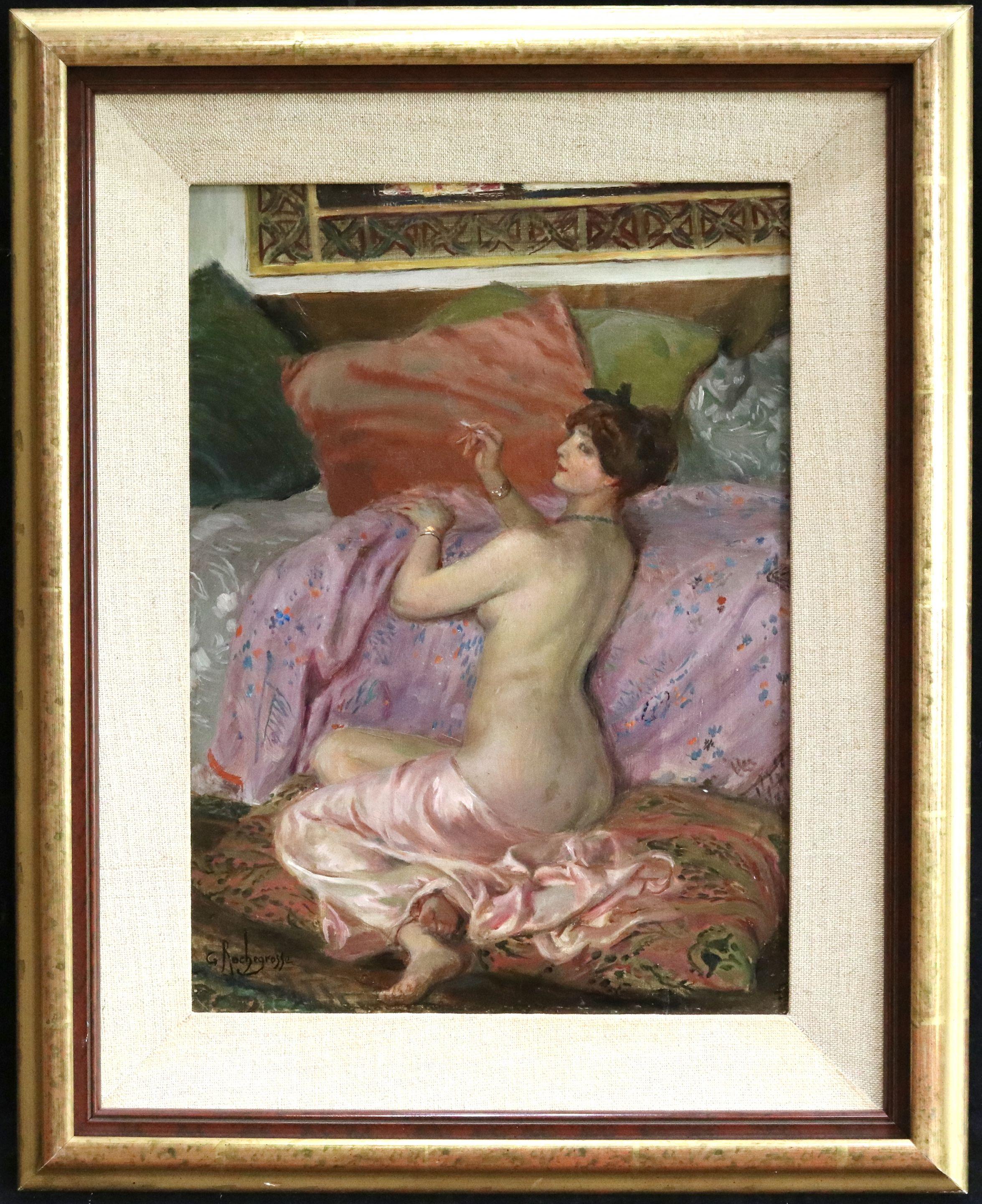 Nude Smoking a Cigarette - 19th Century Oil, Woman in Interior by Rochegrosse 1