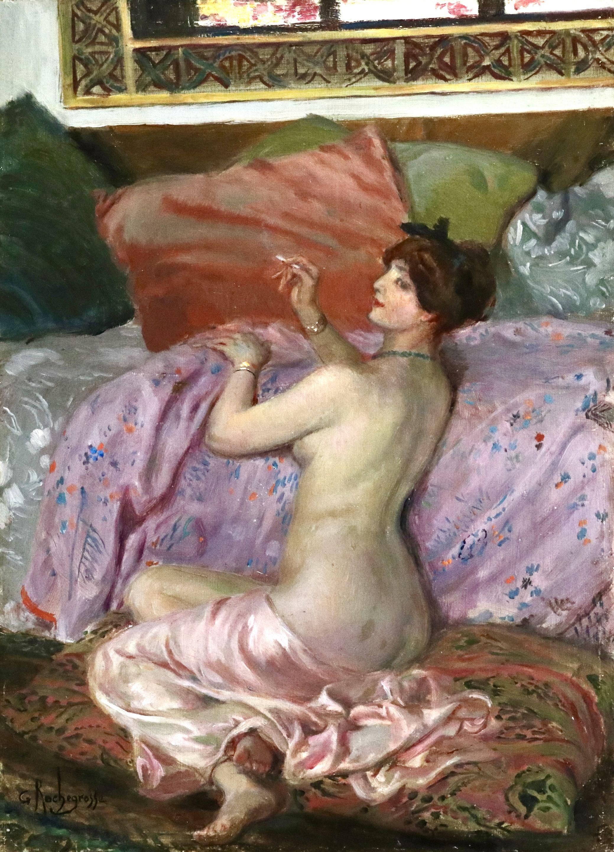 Georges Antoine Rochegrosse Figurative Painting - Nude Smoking a Cigarette - 19th Century Oil, Woman in Interior by Rochegrosse