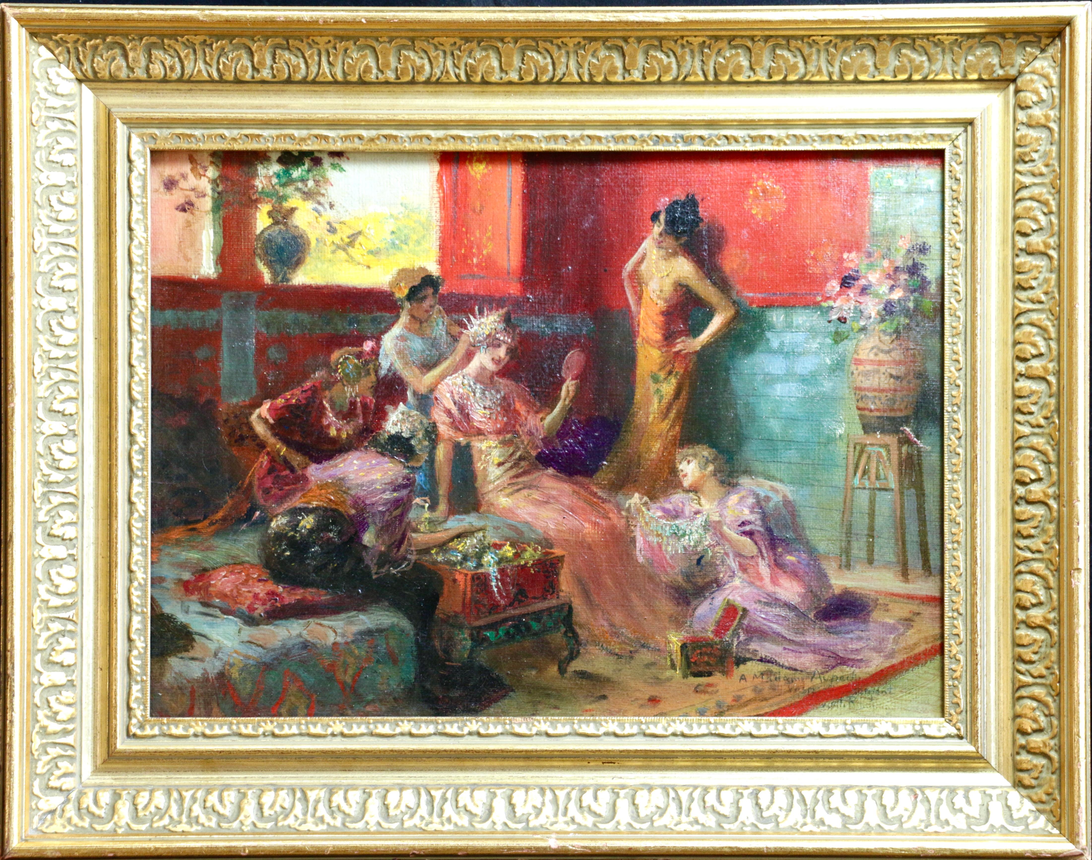 The Harem - 19th Century Oil, Orientalist Figures in Interior by Rochegrosse - Painting by Georges Antoine Rochegrosse
