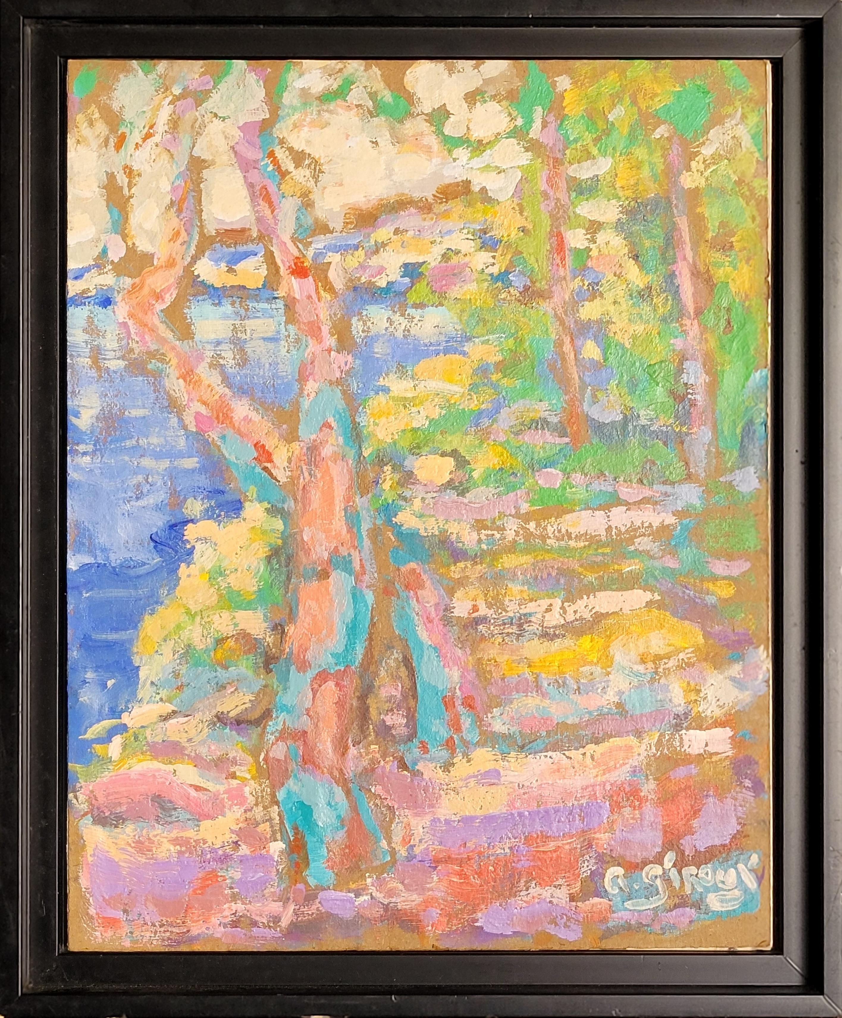 Scène côtière et forestière multicolore de style fauve. Provence. - Painting de Antoine Giroux
