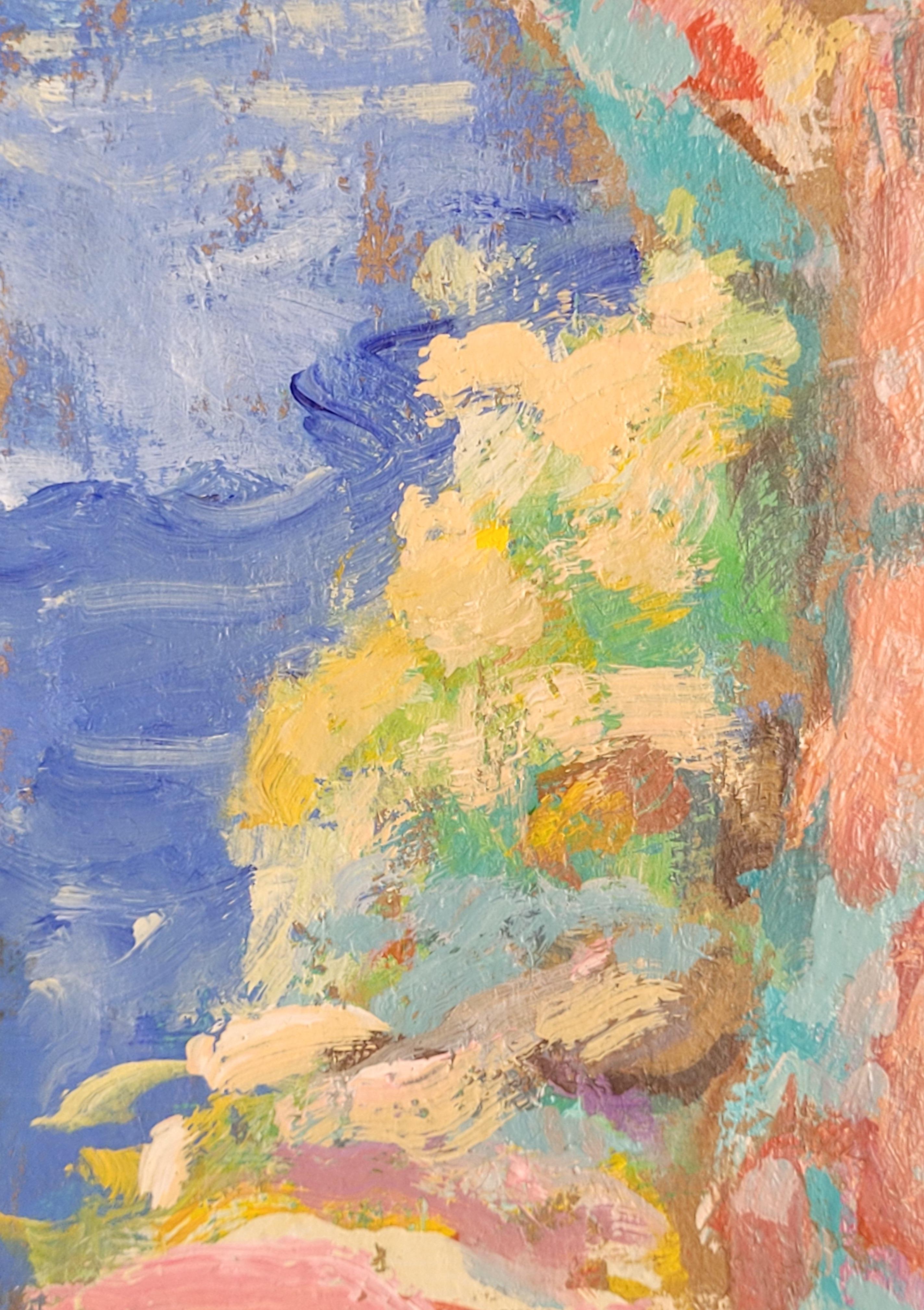 Scène côtière et forestière multicolore de style fauve. Provence. - Beige Abstract Painting par Antoine Giroux
