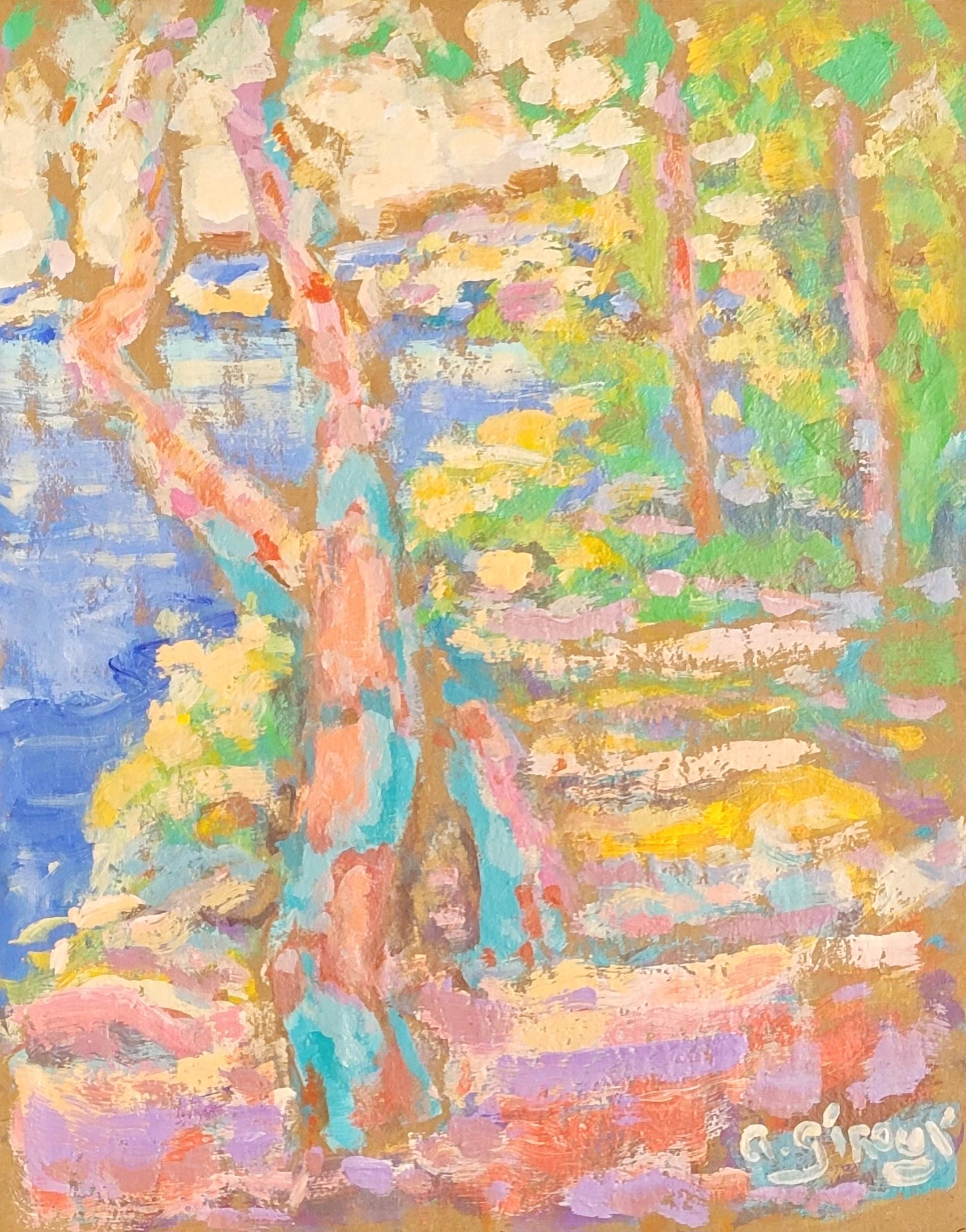 Abstract Painting Antoine Giroux - Scène côtière et forestière multicolore de style fauve. Provence.
