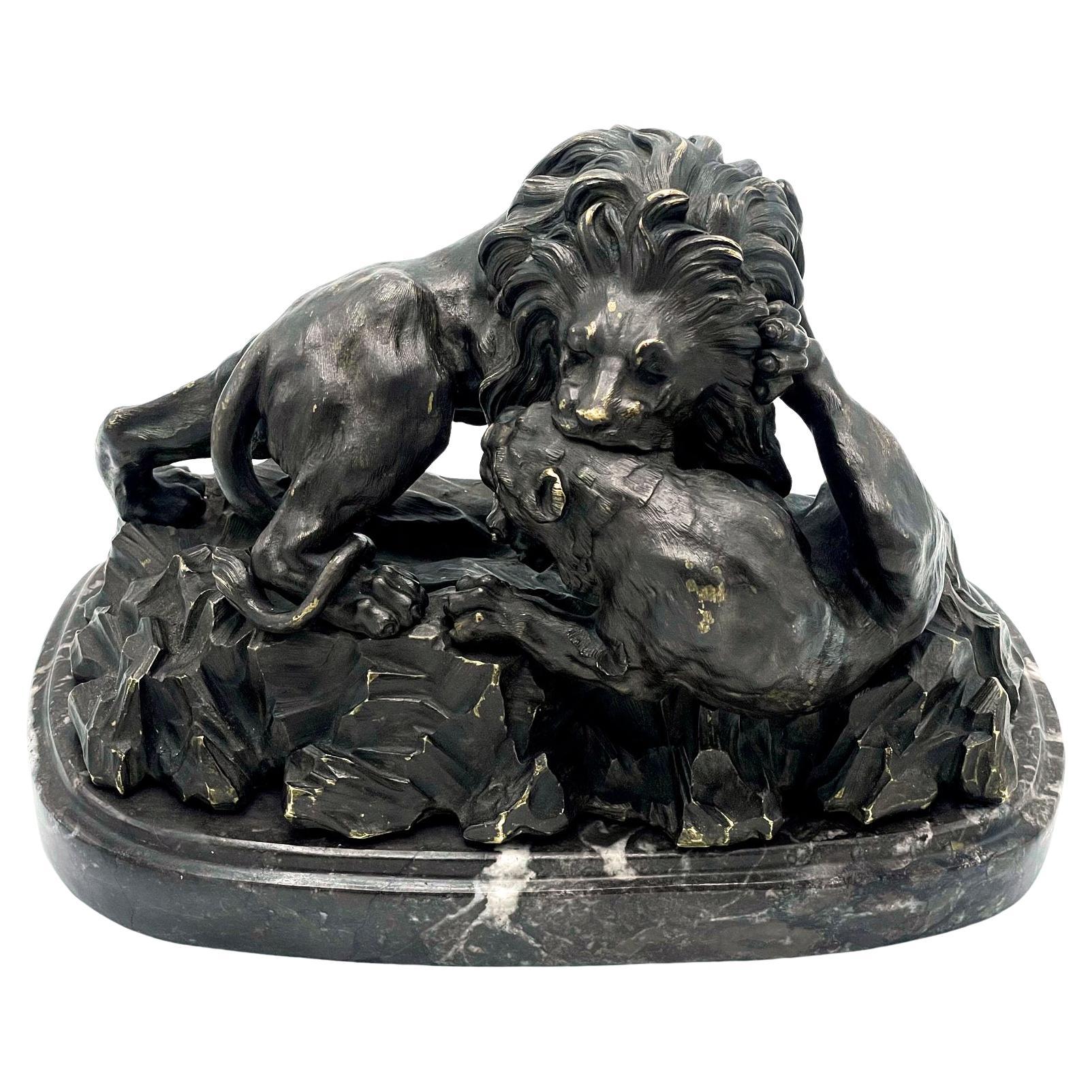 Antoine-Louis Barye (1795 - 1875) bronze, LLion crushing a on oval base, signed For Sale