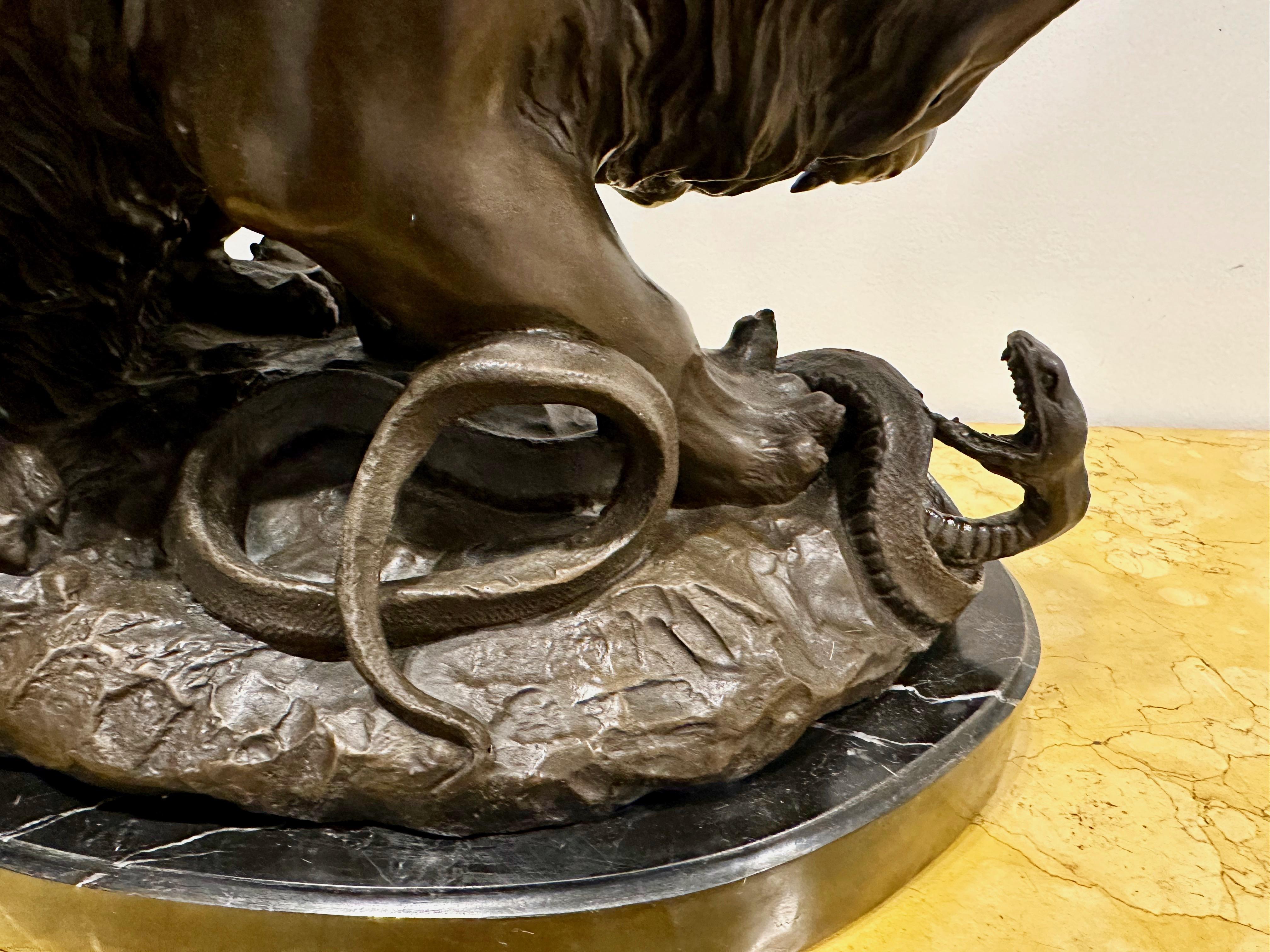 19th Century Antoine-Louis Barye '1795-1875' Signed Bronze of Lion Crushing a Snake ca. 1870 For Sale
