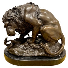 Antoine-Louis Barye '1795-1875' Signed Bronze of Lion Crushing a Snake ca. 1870
