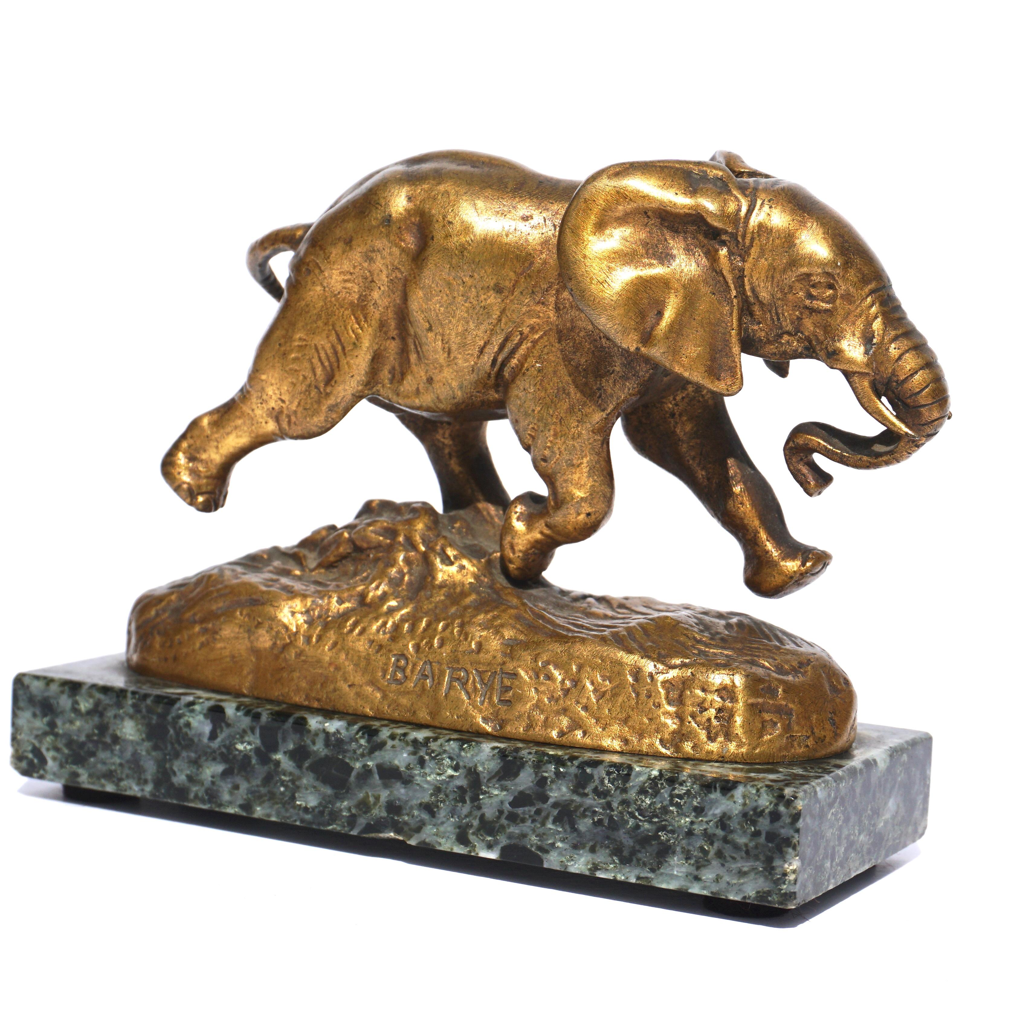 Antoine-Louis Barye (French, 1795-1875)
Éléphant du Sénégal (Senegalese Elephant) charging elephant.
signed 'BARYE', stamped 'F. BARBEDIENNE. PARIS'
Gilt gold patina on a green marble plinth.
Measures: Height 2.75 inches (7 cm)
Width 4 inches