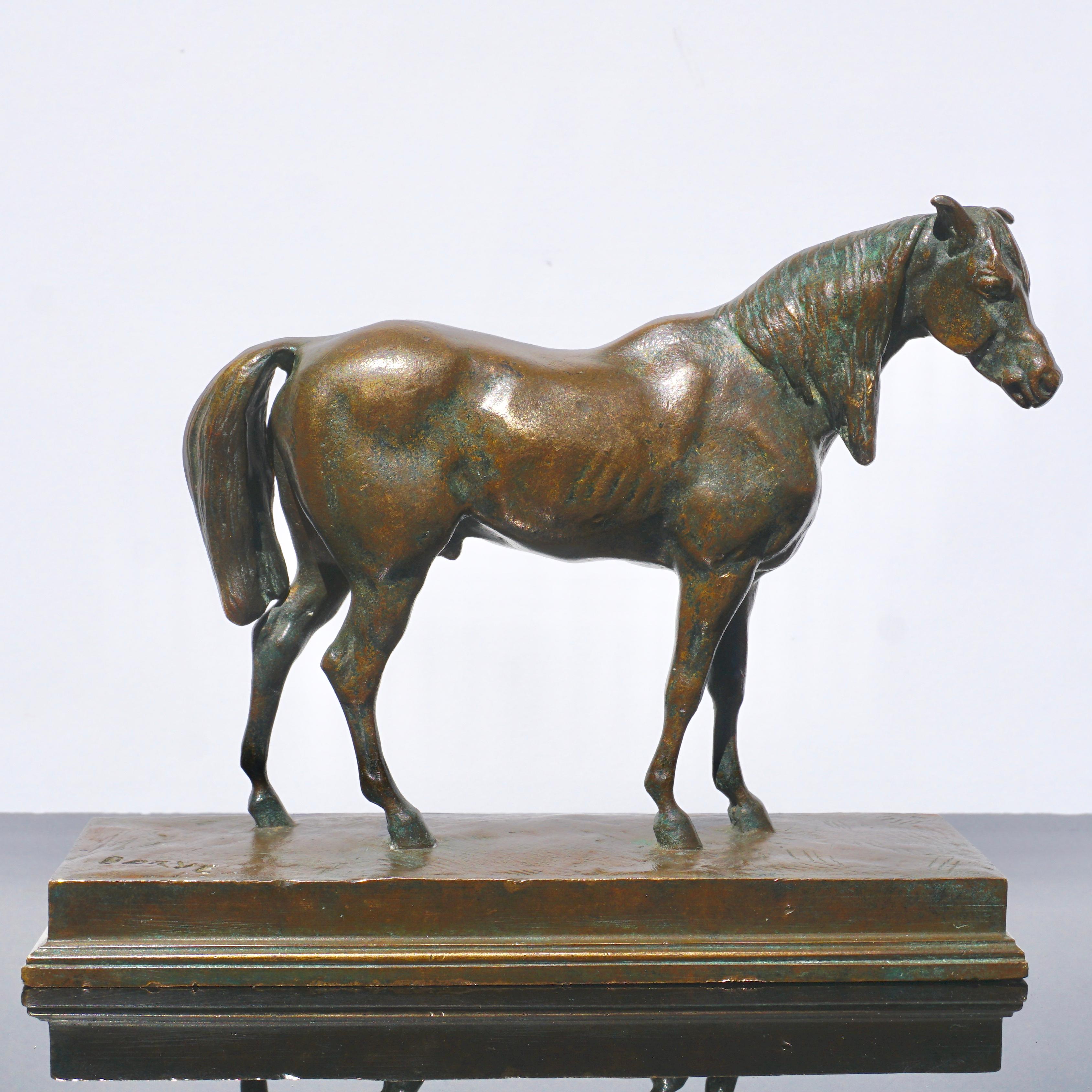 Antoine Louis Barye (French, 1796-1875)
Cheval Demi-Sang (tete levee) / Half-blood horse (head raised)
Chocolate brown and green patina.

Measures: Height 5.3 inches
Width 7 inches
Depth 2.3 inches

Signed on base 'Barye' 
Also incised “F.